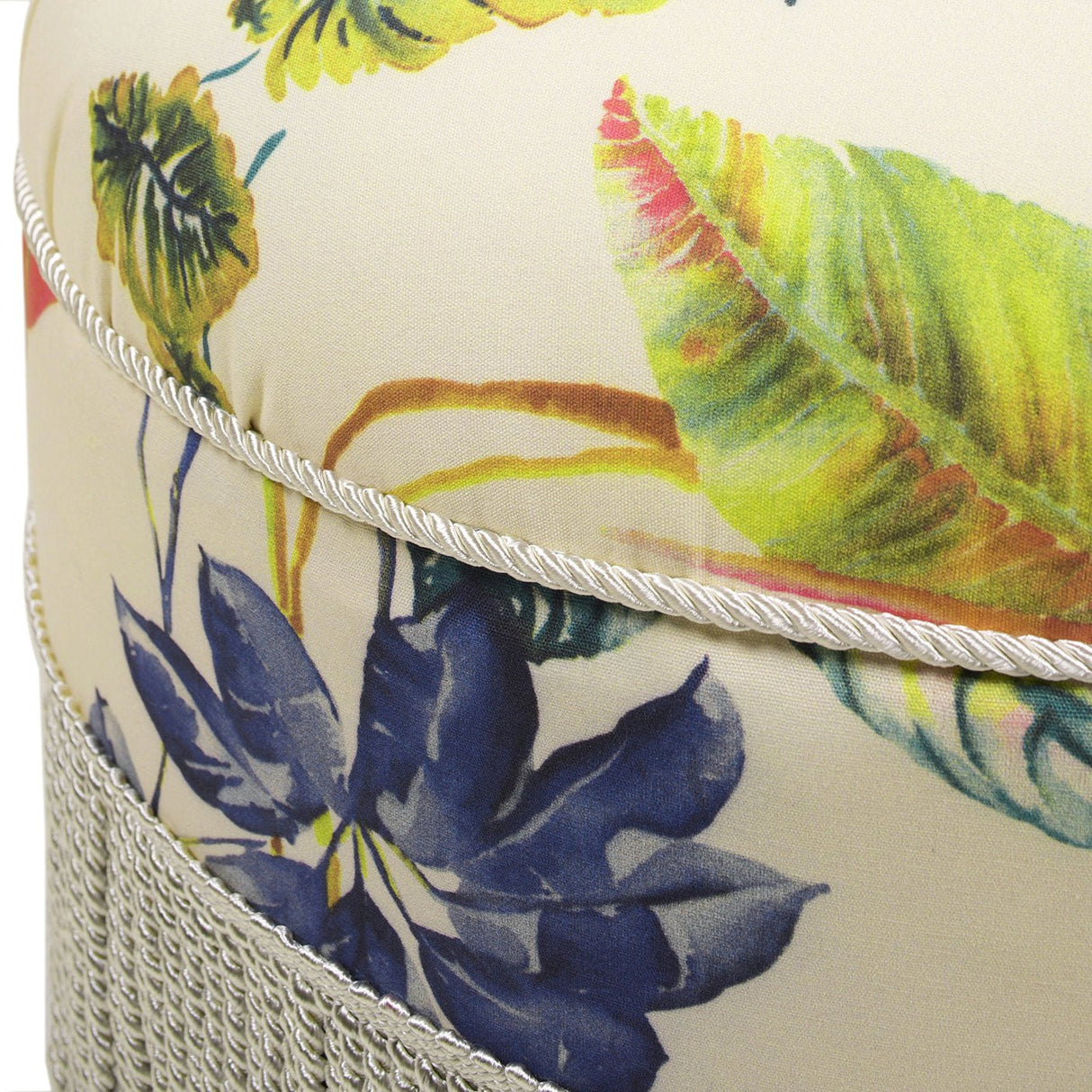 Yolanda 24" round upholstered accent ottoman, beige & tropical floral with ivory trim - Tuesday Morning - Ottomans