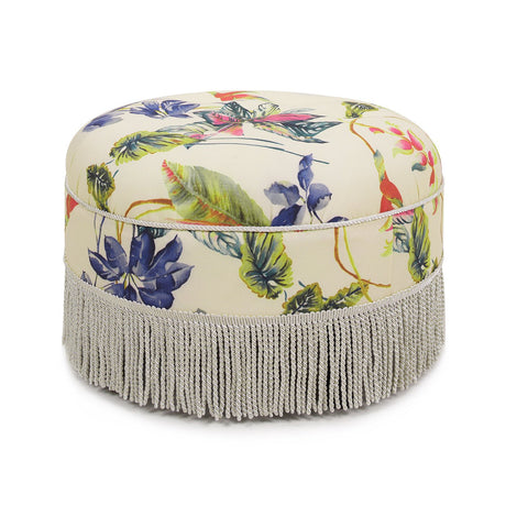 Yolanda 24" round upholstered accent ottoman, beige & tropical floral with ivory trim - Tuesday Morning - Ottomans
