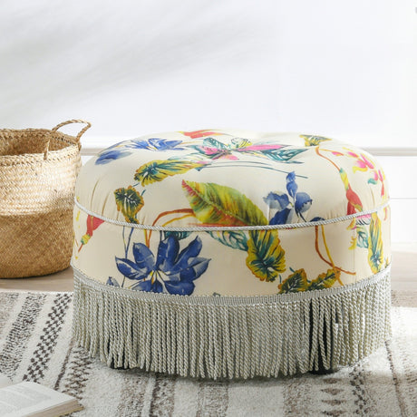 Yolanda 24" round upholstered accent ottoman, beige & tropical floral with ivory trim - Tuesday Morning - Ottomans