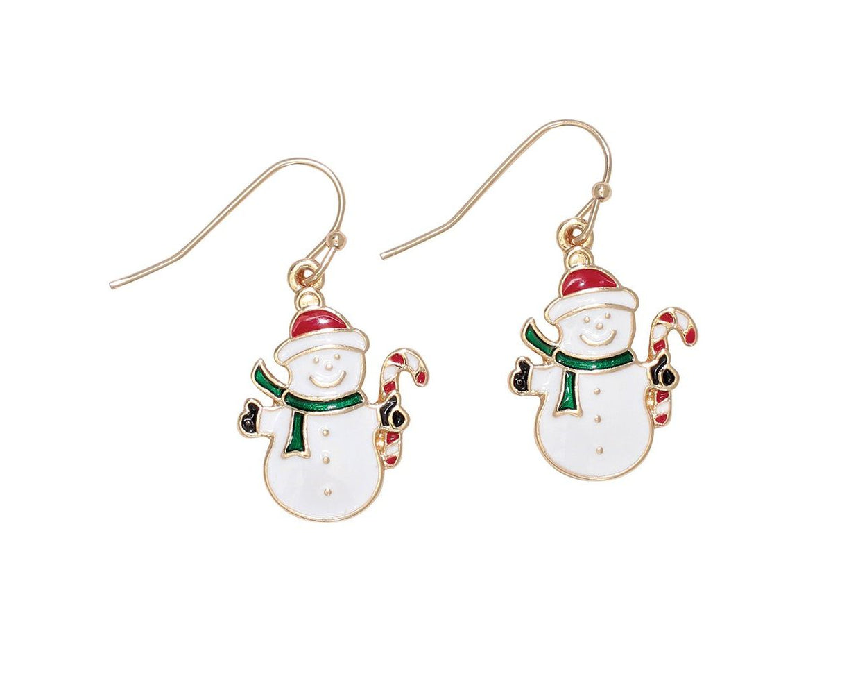 Friendly Enamel Snowmen with Candy Canes Earrings