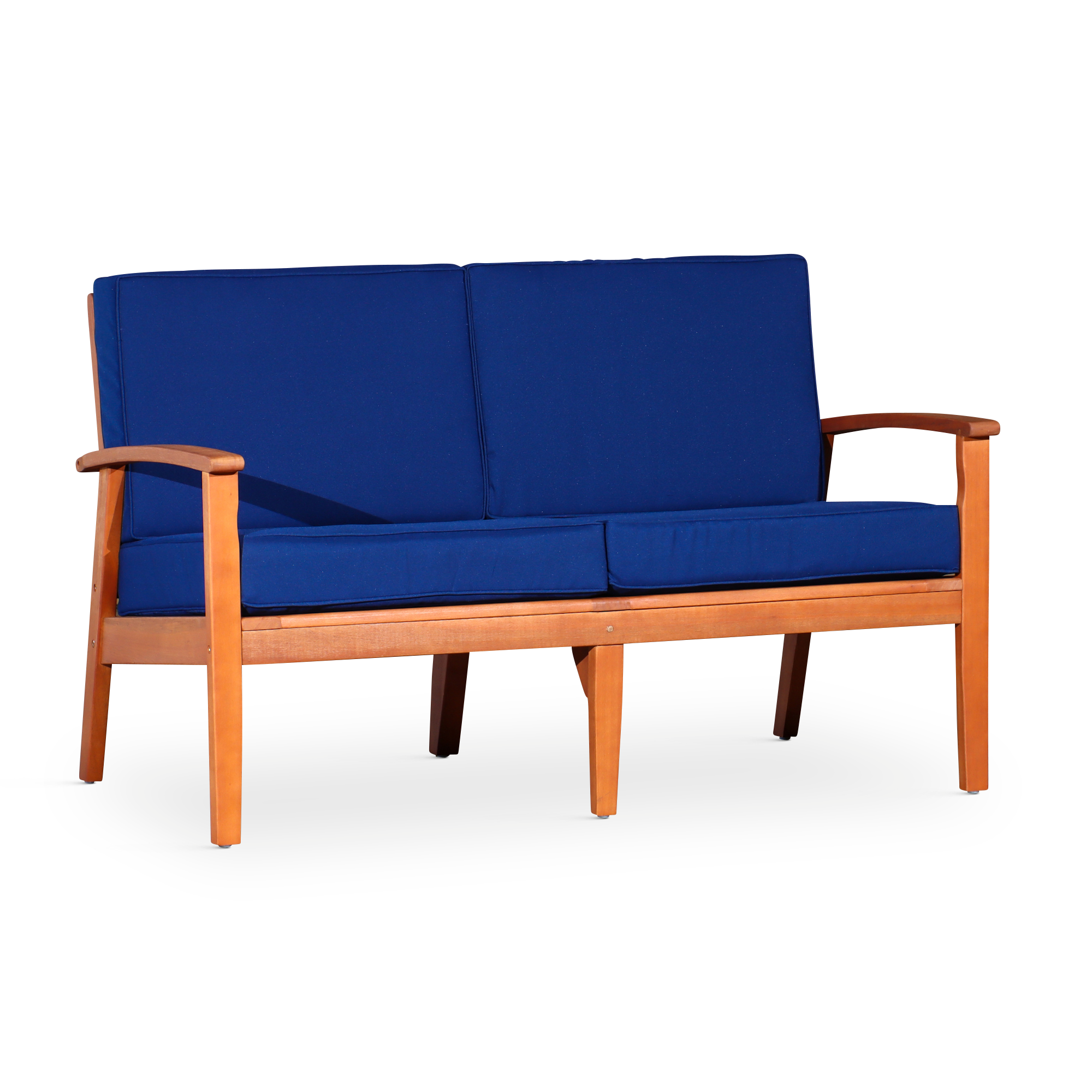Eucalyptus-Loveseat-with-Cushions,-Natural-Oil-Finish,-Navy-Cushions-Outdoor-Chairs