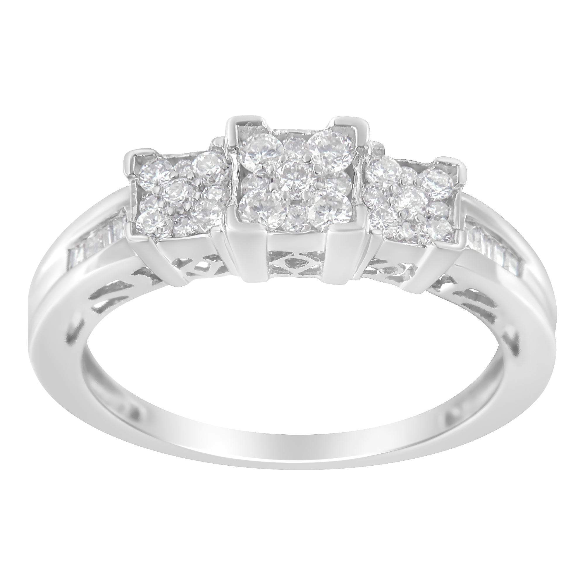 10K-White-Gold-1/2-Cttw-Brilliant-&-Baguette-Cut-Diamond-3-Stone-Design-With-3-Square-Clusters-Engagement-Ring-(H-I-Color,-Si2-I1-Clarity)-Size-6-3/4-Rings