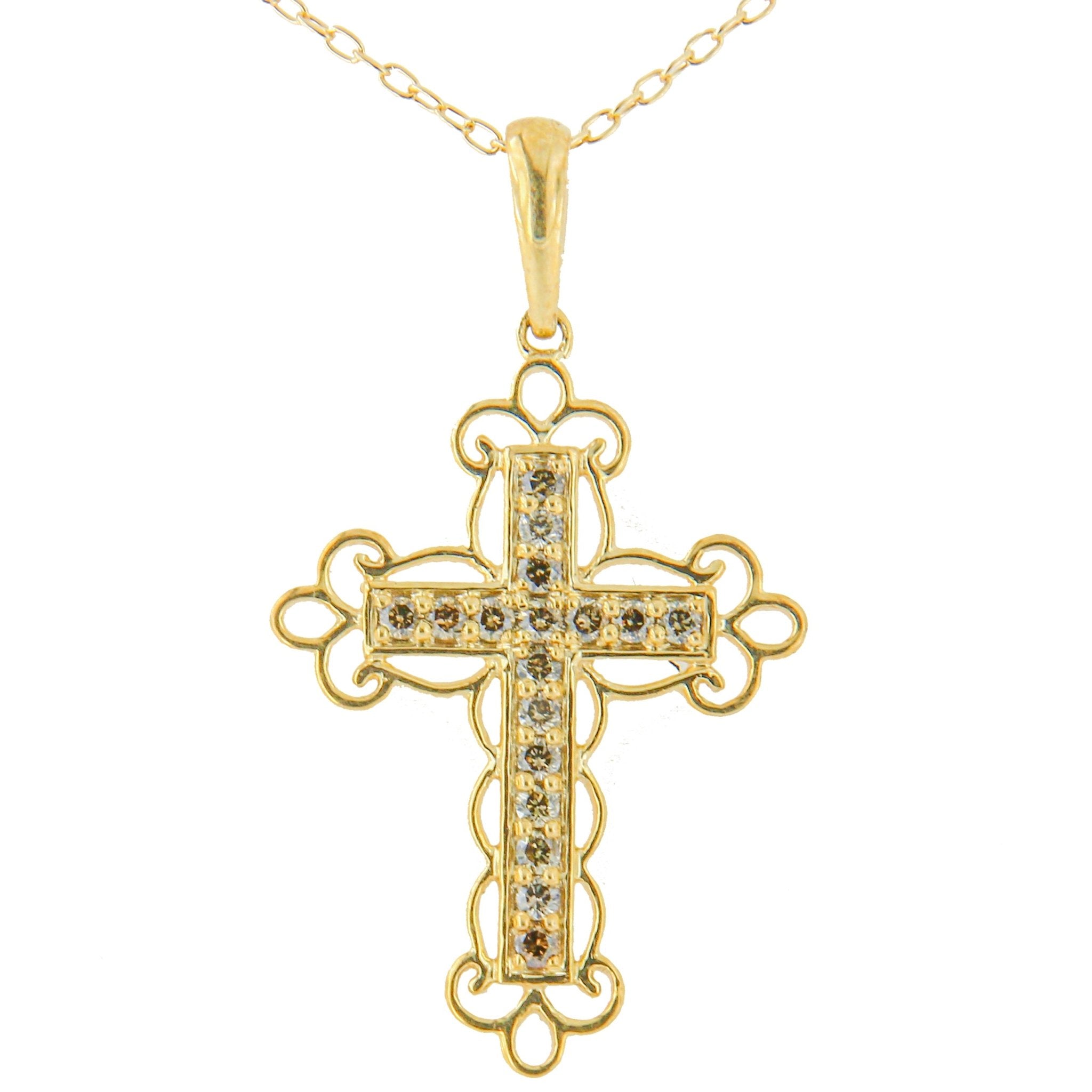 10K Yellow Flashed .925 Sterling Silver 1/4 Cttw Champagne Diamond Filigree Cross Pendant Necklace (K-L Color, I1-I2 Clarity) - 18