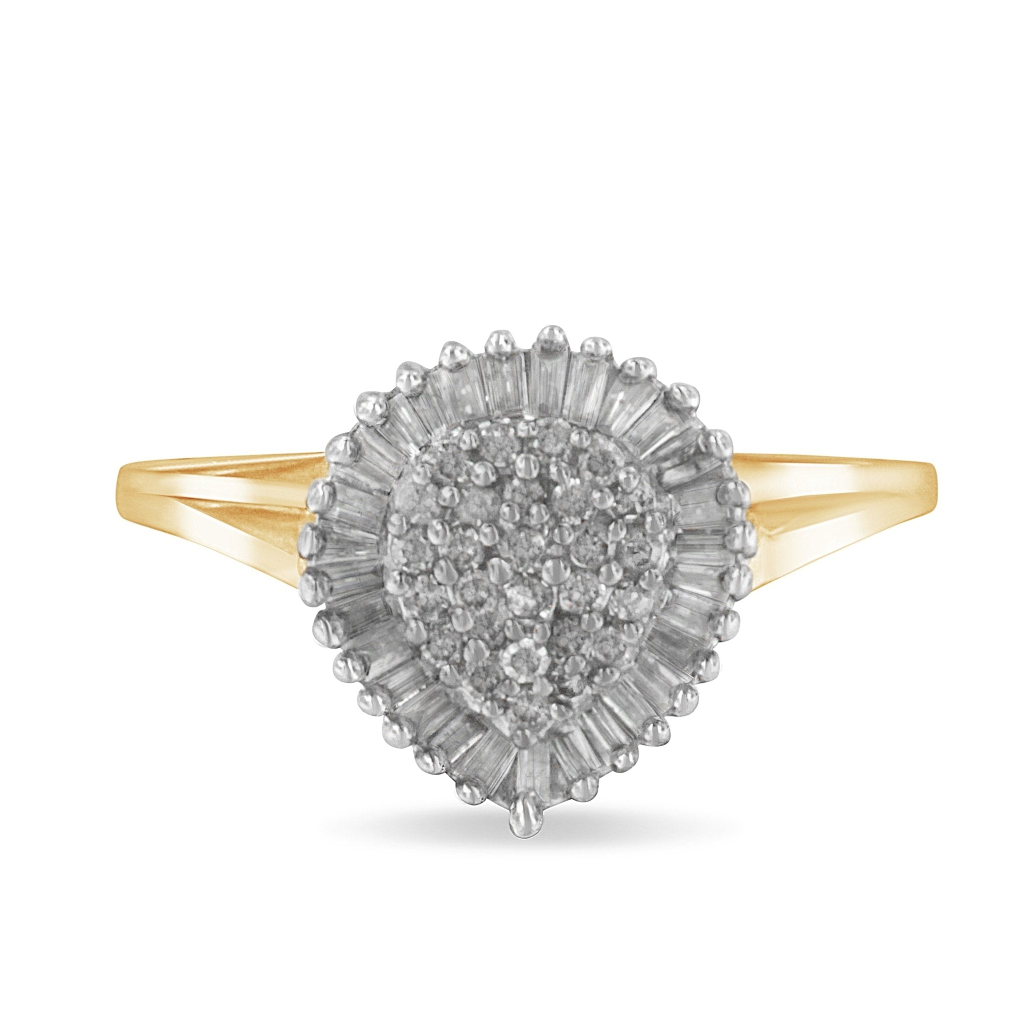 10K-Yellow-Gold-1/2-Cttw-Round-&-Baguette-Cut-Diamond-Pear-Shaped-Domed-Pavé-Cluster-With-Halo-Cocktail-Ring-(J-K-Color,-I1-I2-Clarity)-Size-7-1/4-Rings