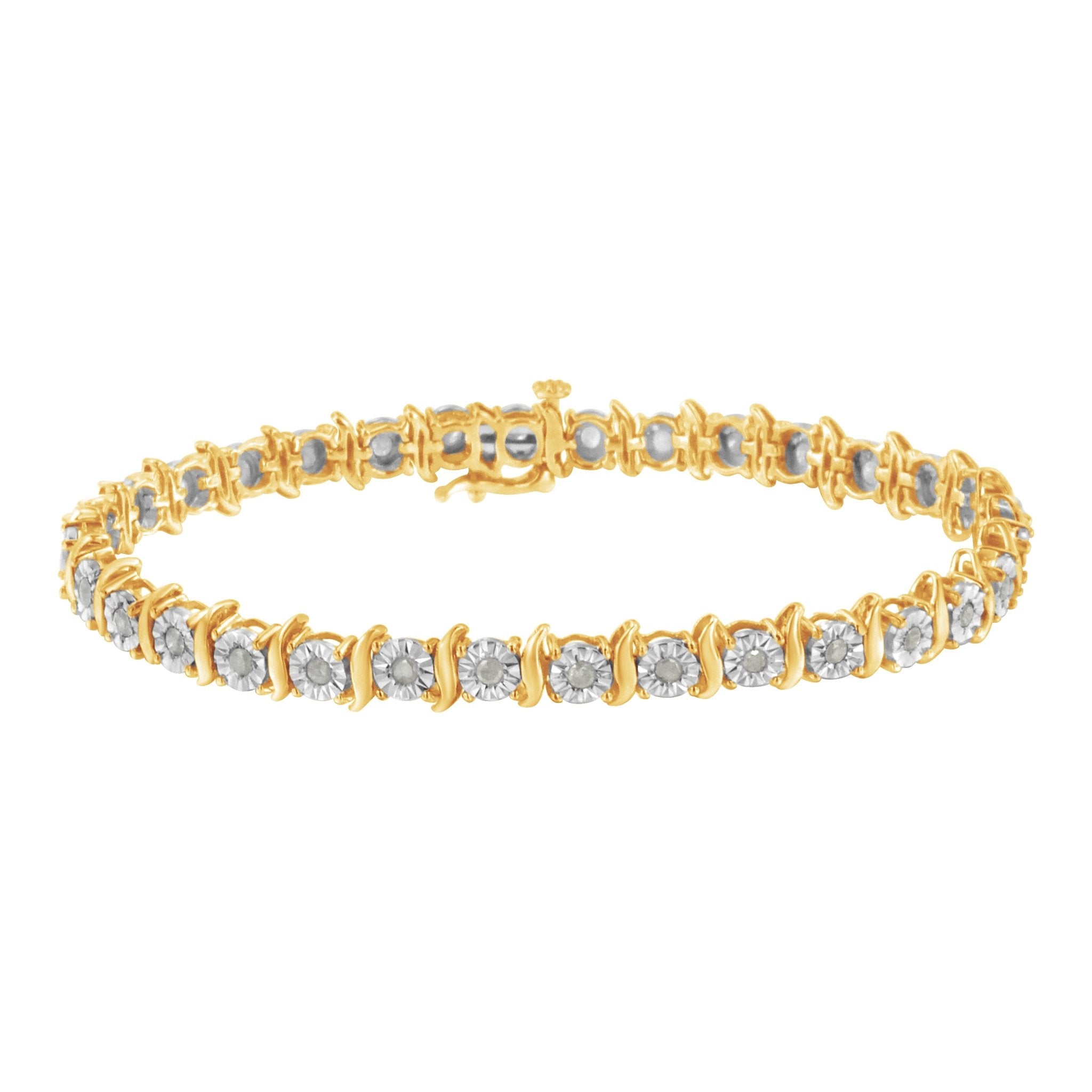 10K Yellow Gold Over .925 Sterling Silver 1.0 Cttw Diamond S-Curve Link Miracle-Set Tennis Bracelet (I-J Color, I3 Clarity) - 7
