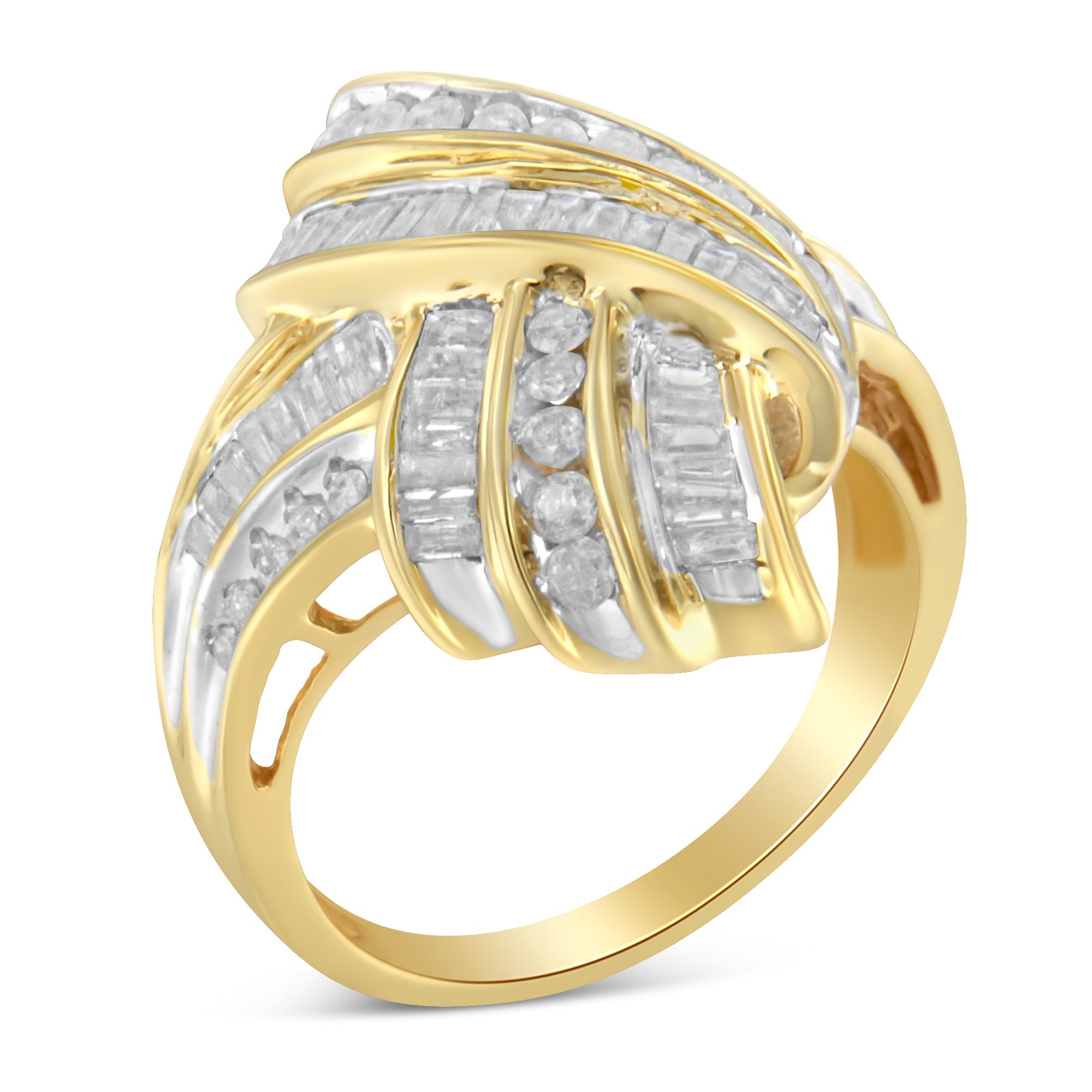 10K-Yellow-Gold-Plated-.925-Sterling-Silver-1.0-Cttw-Round-&-Baguette-Diamond-Knot-Channel-Statement-Ring-(I-J-Color,-I2-I3-Clarity)-Size-7-Rings