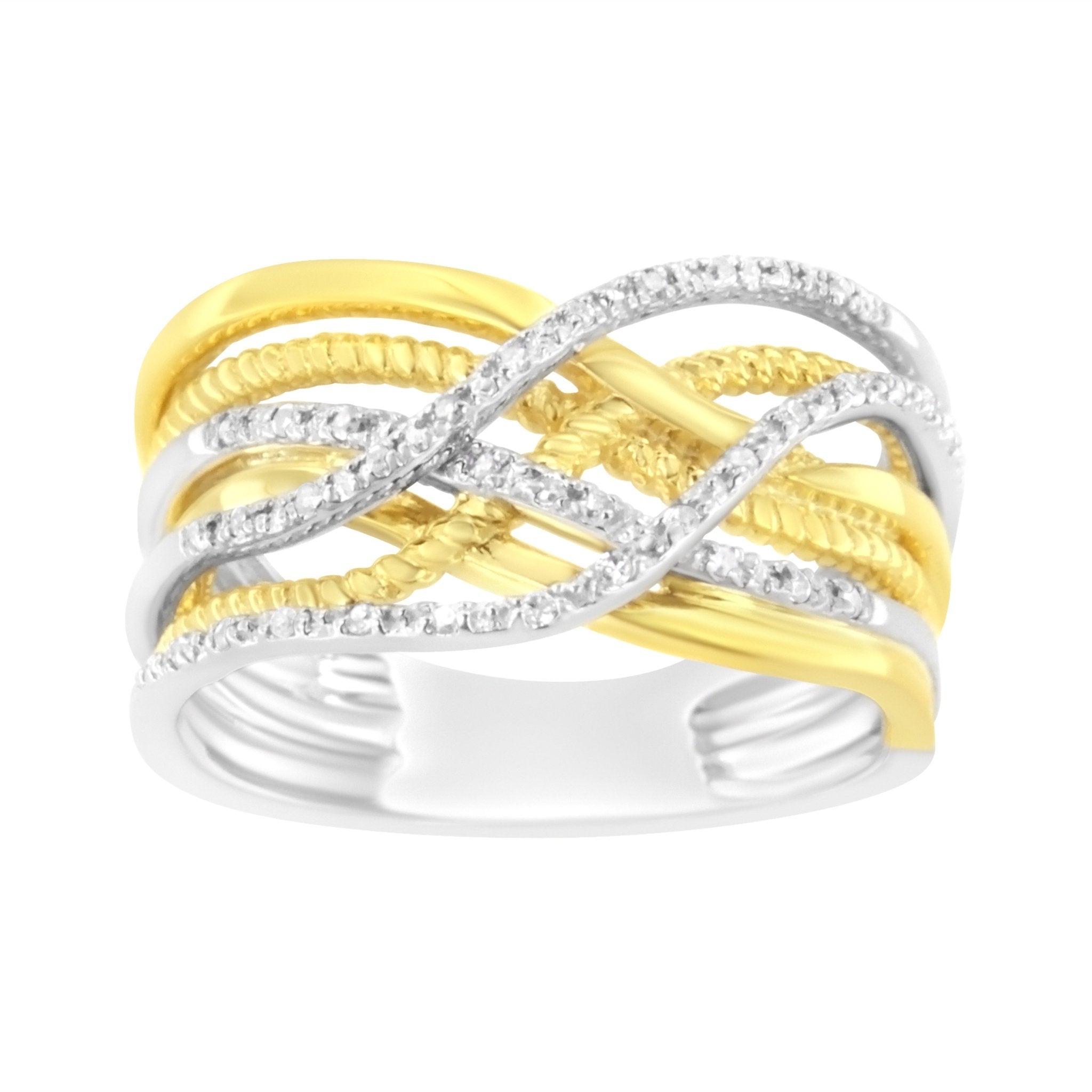 10K-Yellow-Gold-Plated-.925-Sterling-Silver-1/10-Cttw-Diamond-Multi-Row-Crossover-Ring-Band-(I-J-Color,-I1-I2-Clarity)-Size-6-Rings