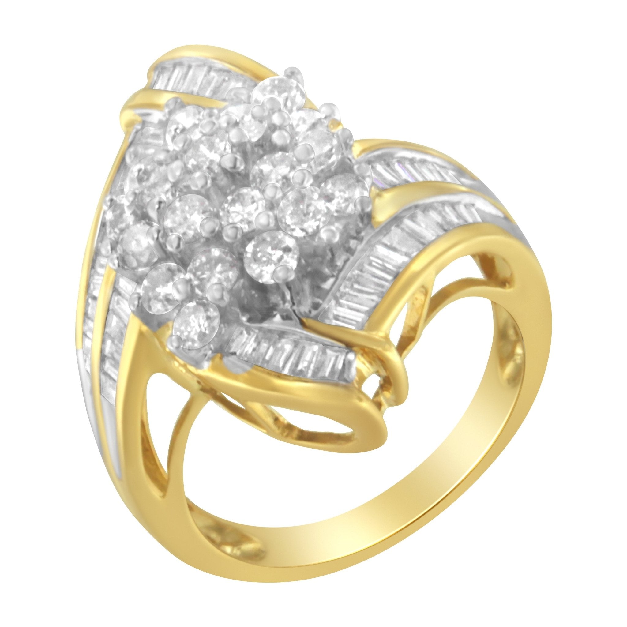 10K-Yellow-Gold-Round-And-Baguette-Diamond-Swirl-Ring-(2.0-Cttw,-J-K-Color,-I2-Clarity)-Size-7-1/4-Rings