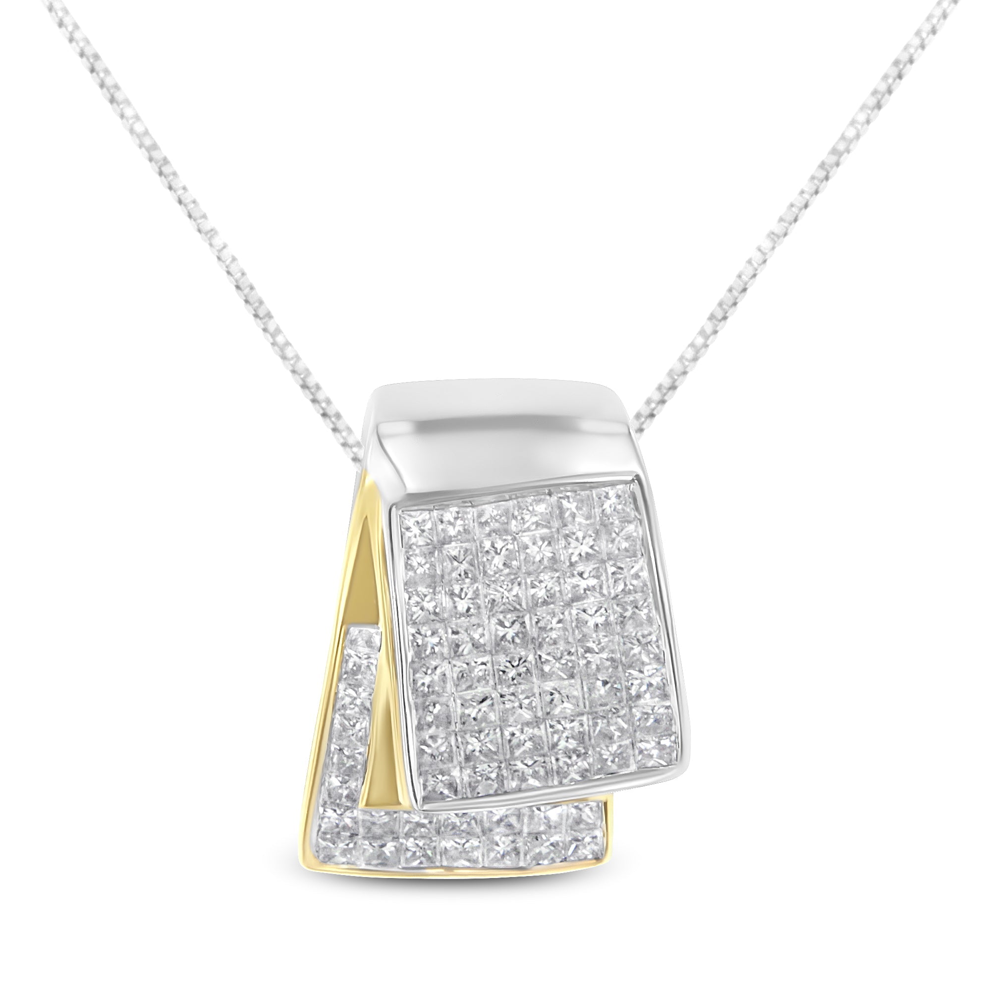 14K-White-And-Yellow-Gold-2.0-Cttw-Princess-Cut-Diamond-Two-Tone-Foldover-Box-Pendant-18”-Box-Chain-Necklace-(H-I-Color,-Si1-Si2-Clarity)-Necklaces