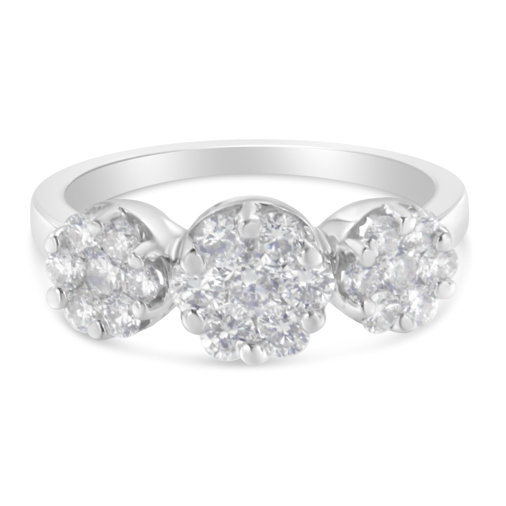 14K-White-Gold-1-1/4-Cttw-Brilliant-Cut-Diamond-Three-Round-Floral-Clusters-Engagement-Or-Fashion-Ring-(H-I-Color,-Si2-I1-Clarity)-Size-7-Rings