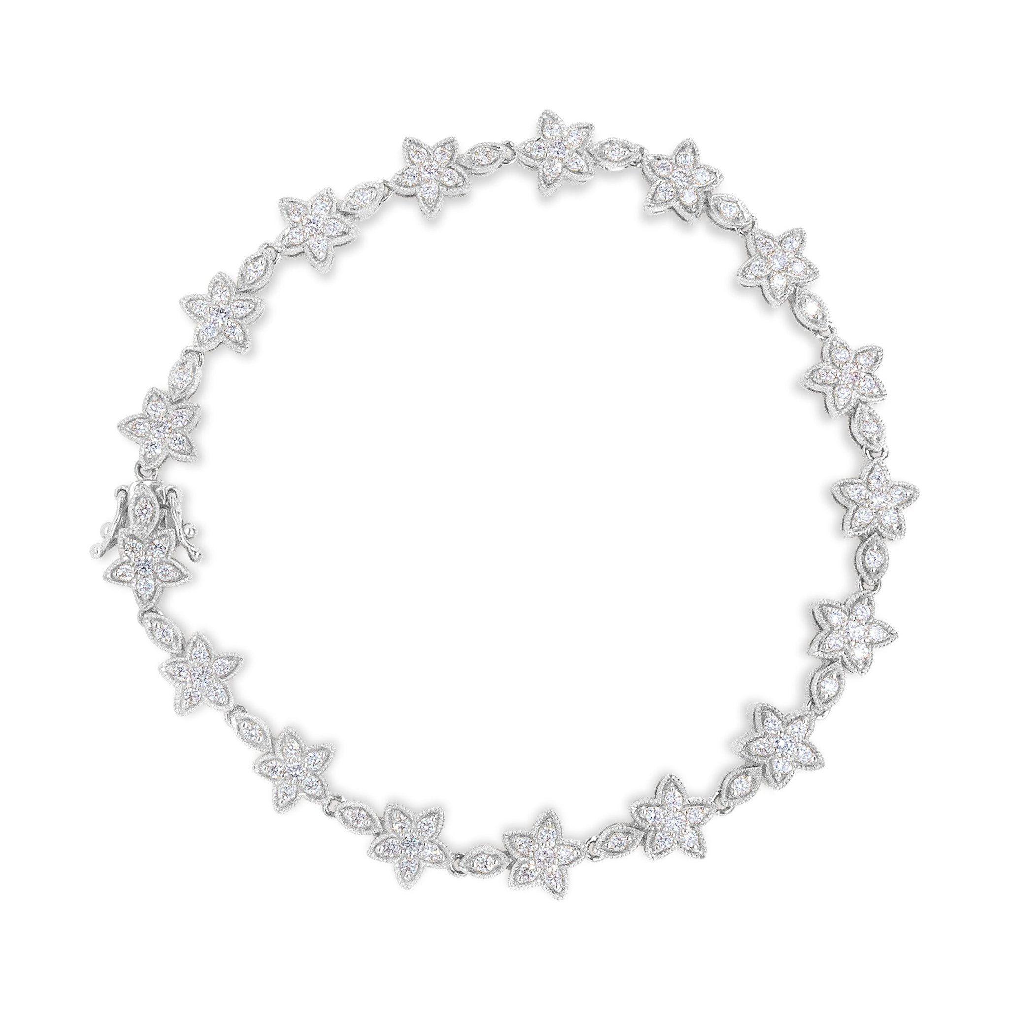 14K White Gold 1 1/5 Cttw Round Diamond Flower Blossom Link Bracelet (H-I Color, Si1-Si2 Clarity) - Size 7