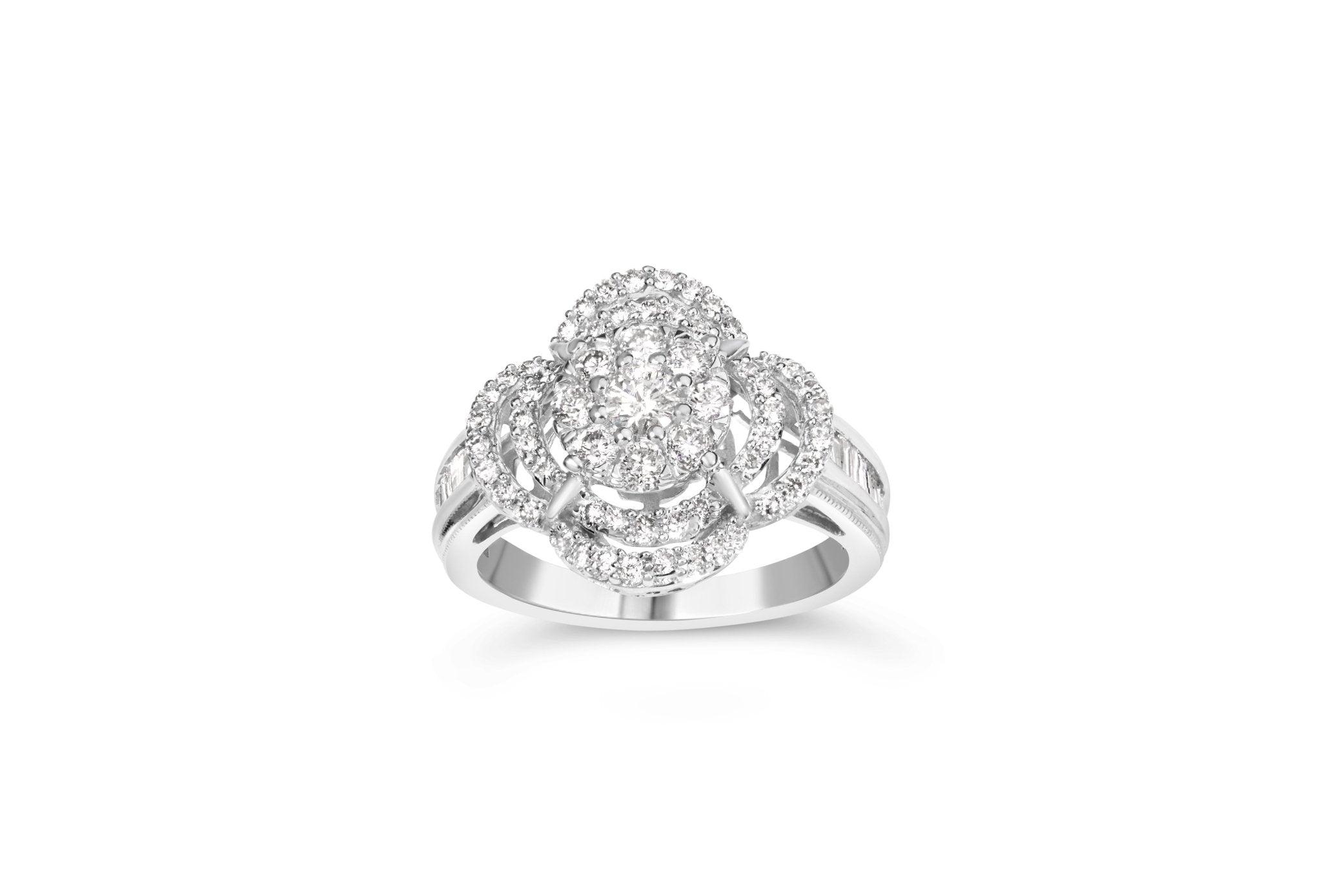 14K-White-Gold-1.0-Cttw-Round-&-Baguette-Cut-Diamond-Floral-Cluster-Quatrefoil-Channel-Set-Band-Cocktail-Statement-Ring-(H-I-Color,-Si2-I1-Clarity)-Size-6-3/4-Rings
