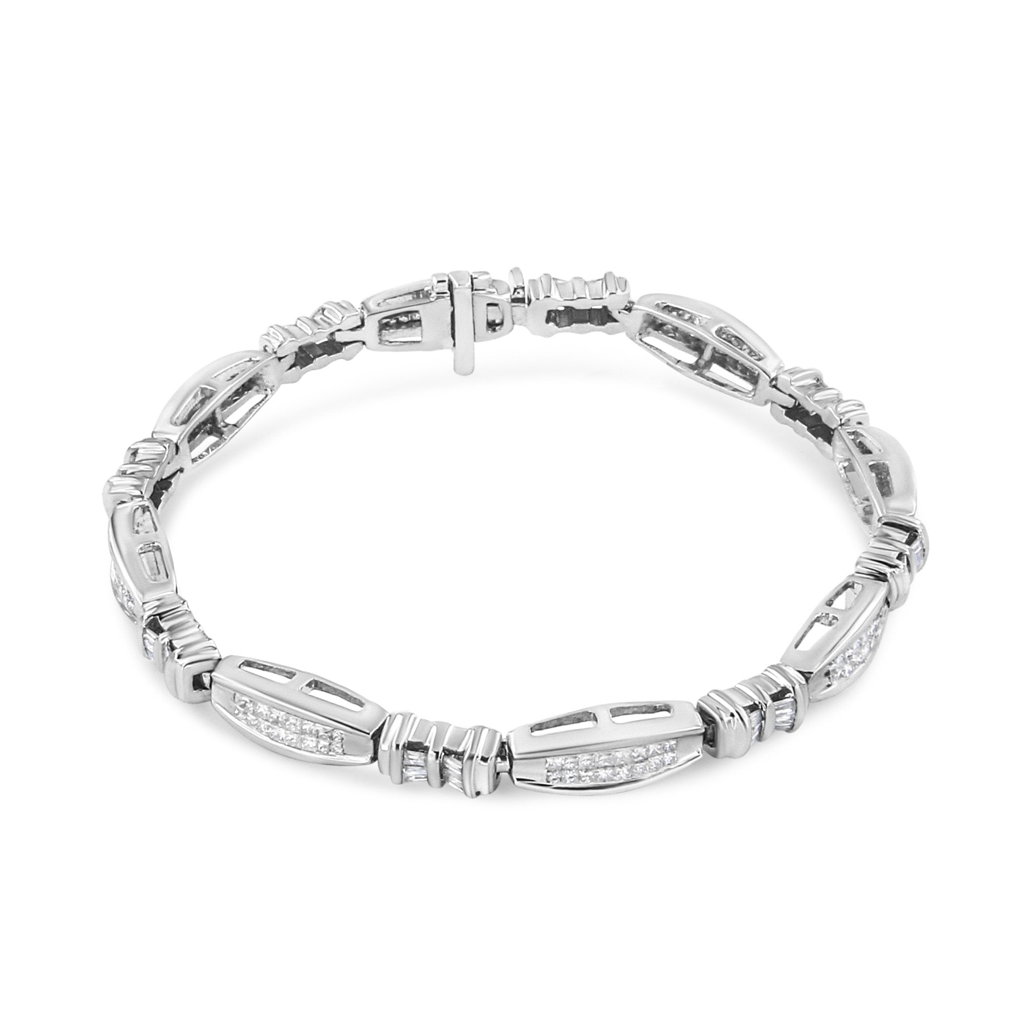 14K-White-Gold-2.0-Cttw-Channel-Set-Alternating-Baguette-And-Princess-Cut-Diamond-Link-Bracelet-(H-I-Color,-Si2-I1-Clarity)-Size-7-Bracelets
