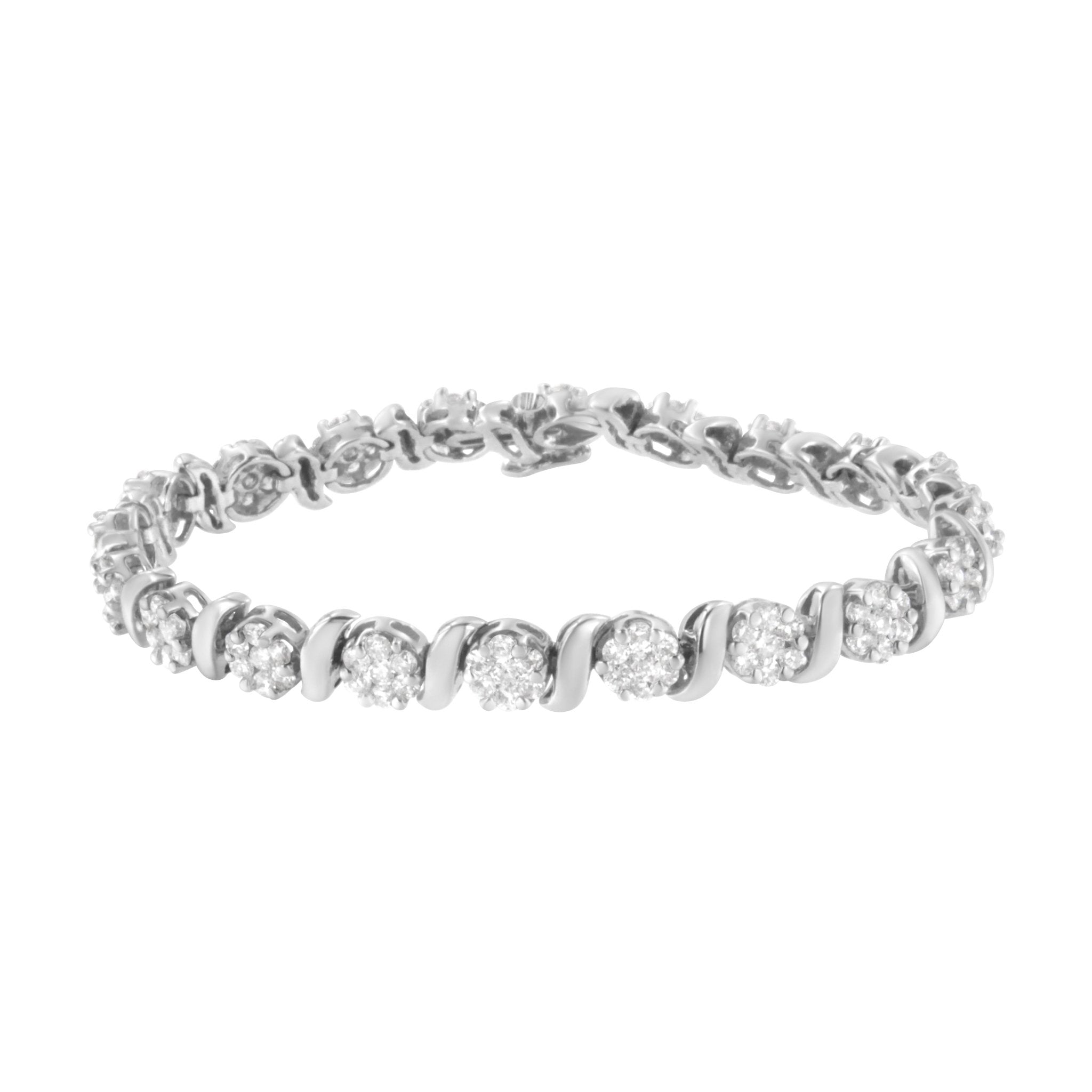 14K White Gold 5 1/4 Cttw Diamond S-Link Floral Cluster Tennis Bracelet (I-J Clarity, Si2-I1 Color) - Size 7