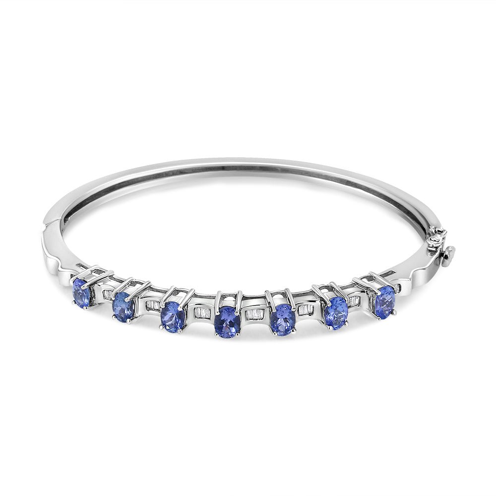 14K-White-Gold-5-Mm-Oval-Blue-Tanzanite-And-1/4-Cttw-Diamond-Bangle-(H-I-Color,-Vs2-Si1-Clarity)-Fits-Wrists-Up-To-7-1/2-Inches-Bracelets