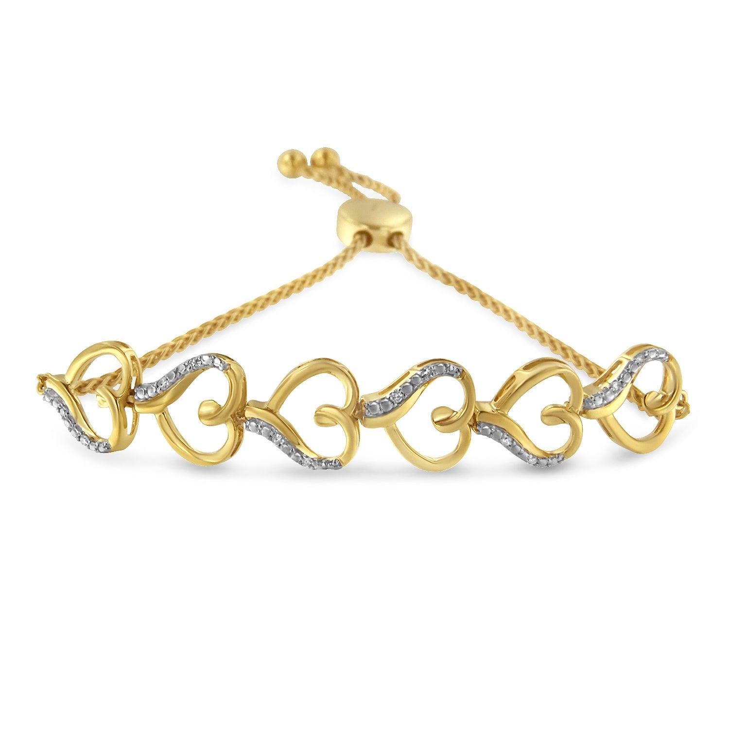 14K-Yellow-Gold-Plated-.925-Sterling-Silver-Diamond-Accent-Heart-Link-Bolo-Bracelet-(H-I-Color,-I2-I3-Clarity)-Bracelets
