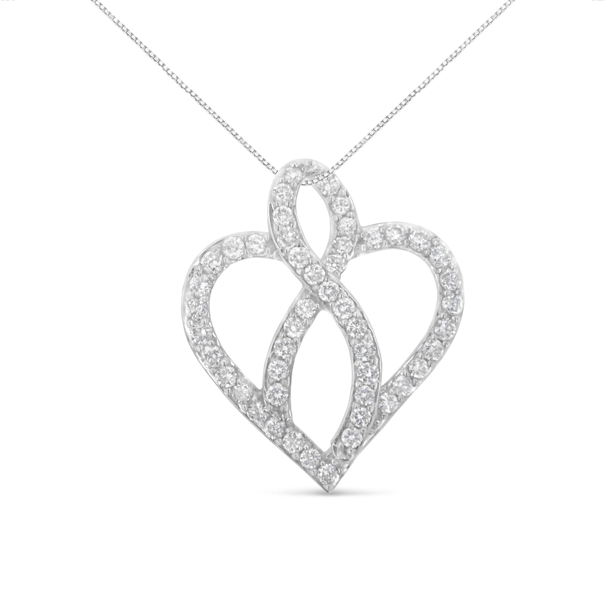 14Kt-White-Gold-1-Cttw-Diamond-Heart-Ribbon-Pendant-Necklace-(H-I,-I1-I2)-Necklaces
