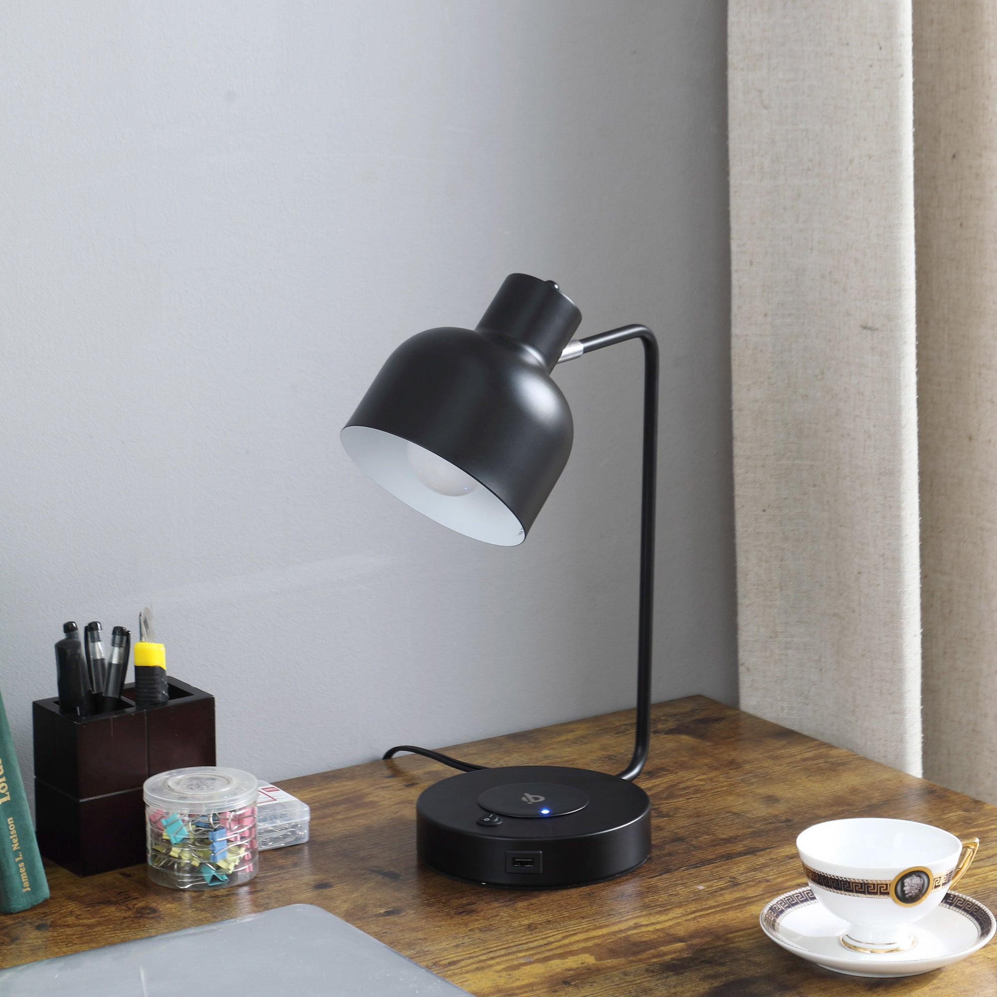 15" Black Metal Desk USB Table Lamp With Black Shade - Tuesday Morning-Table Lamps