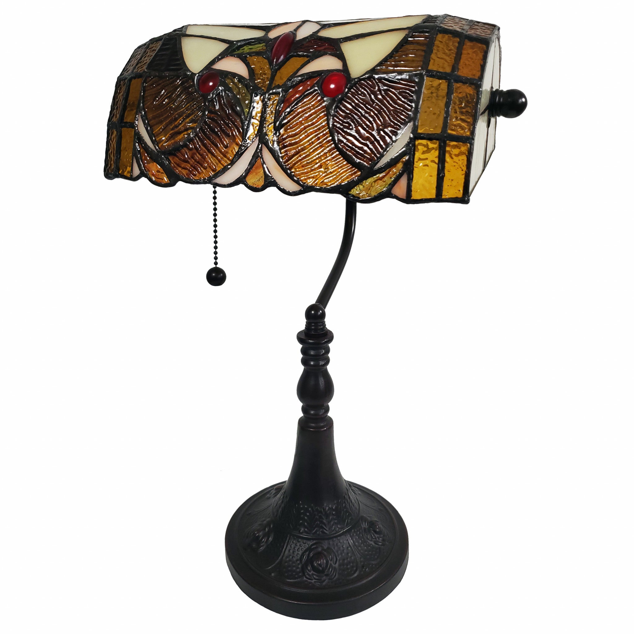 16" Tiffany Style Brown and Orange Banker Desk Lamp - Tuesday Morning-Table Lamps