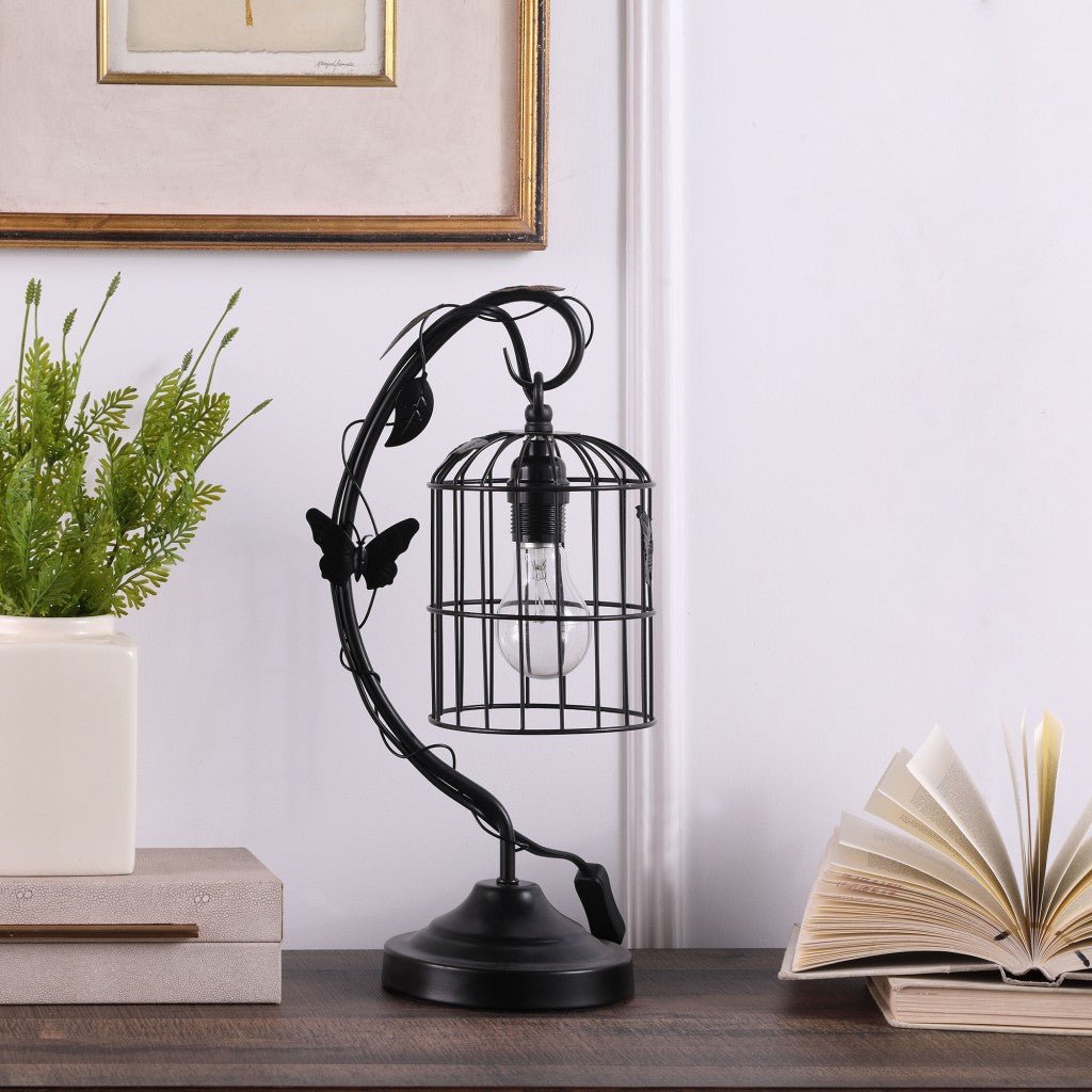 18" Black Bedside Table Lamp With Black Cage Shade - Tuesday Morning-Table Lamps