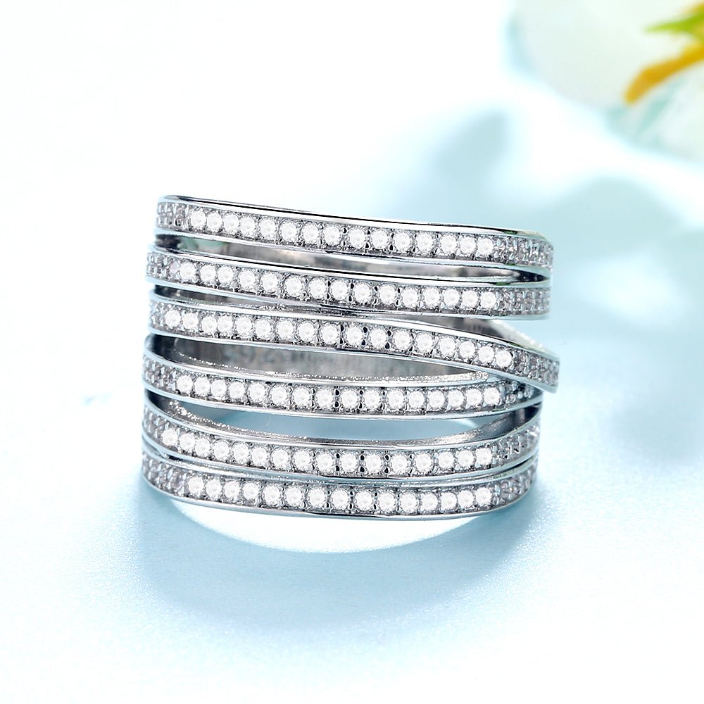18K White Gold Plated Six-Row Ring With Crystals From Swarovski - Tuesday Morning-Eternity Rings