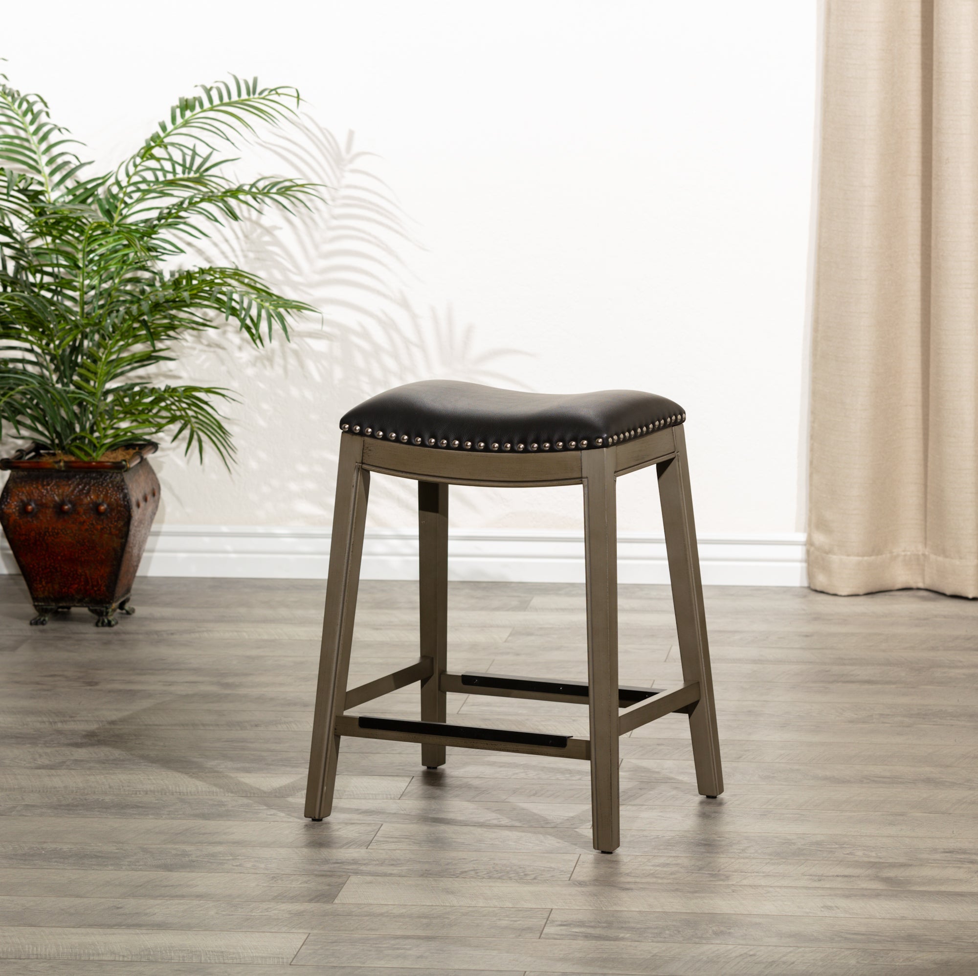 24" Counter Height Saddle Stool, Weathered Gray Finish, Black Leather Seat - Tuesday Morning-Chairs & Seating