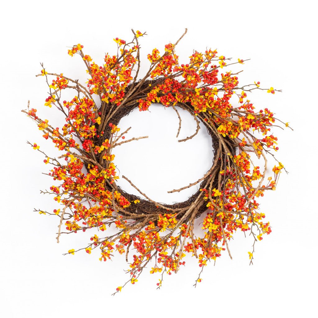 25" Orange Red Artificial Fall Twig Wreath - Tuesday Morning-Wreaths