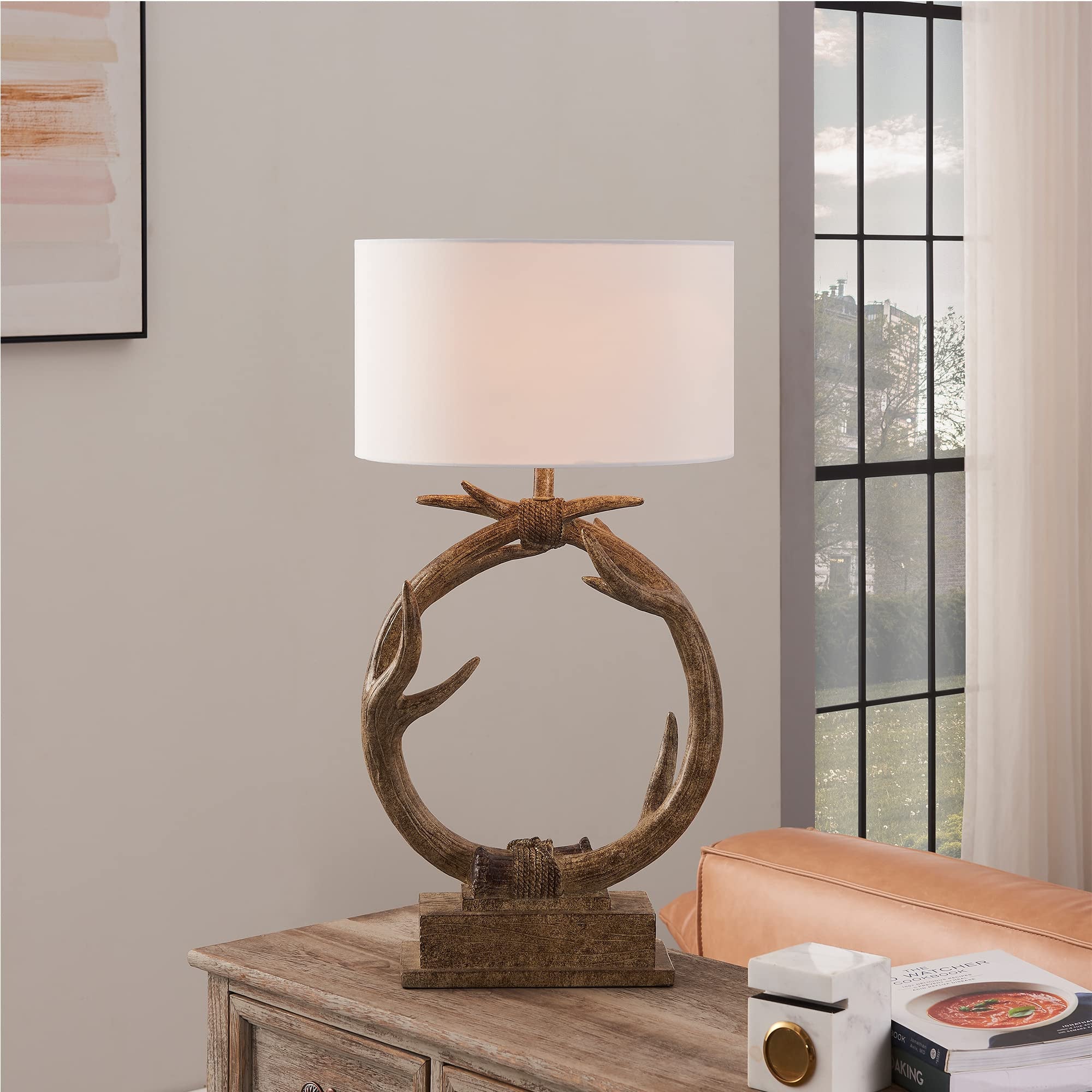 27" Brown Rustic Faux Antlers Table Lamp With White Drum Shade - Tuesday Morning-Table Lamps