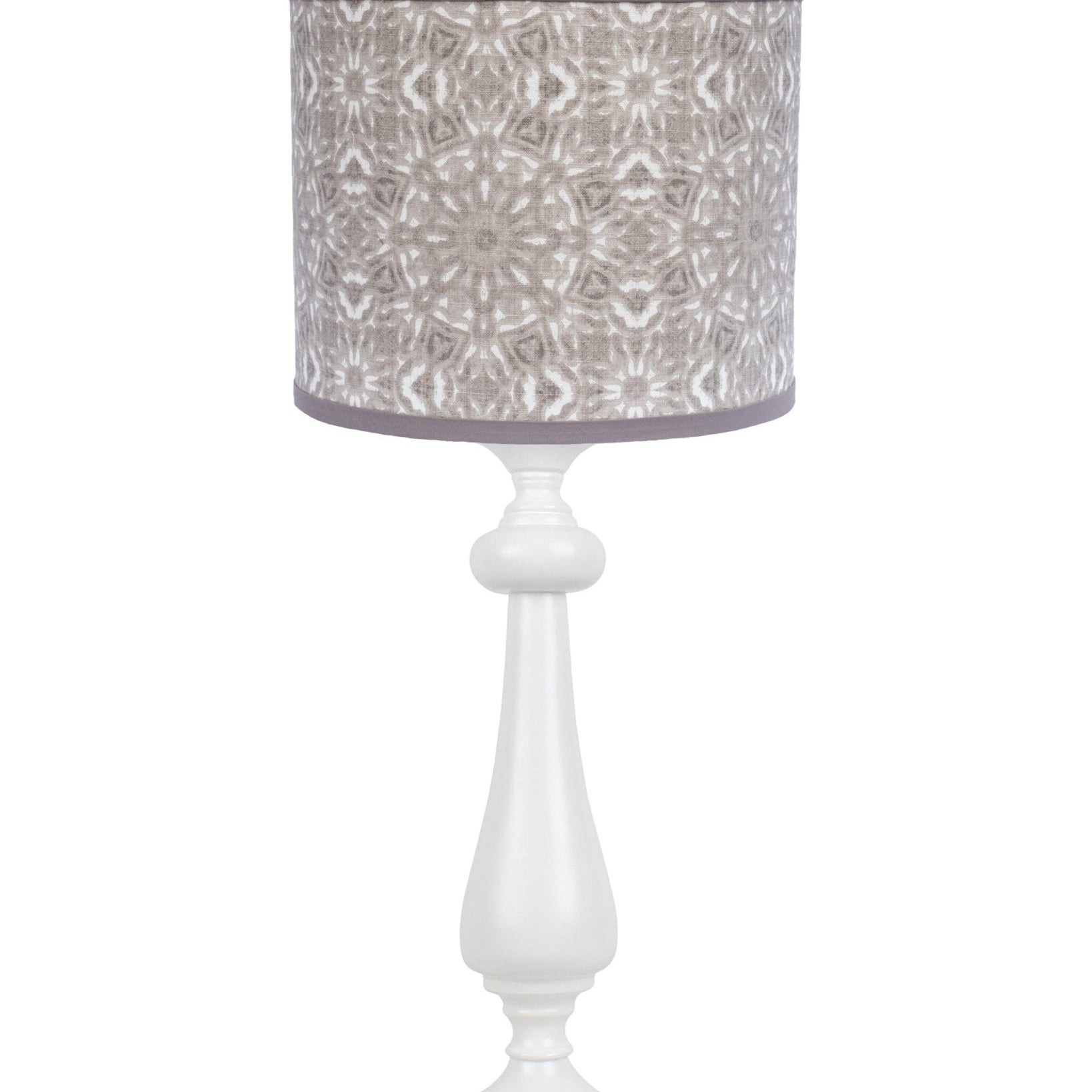 27" White Table Lamp With Gray Taupe Batik Print Drum Shade - Tuesday Morning-Table Lamps