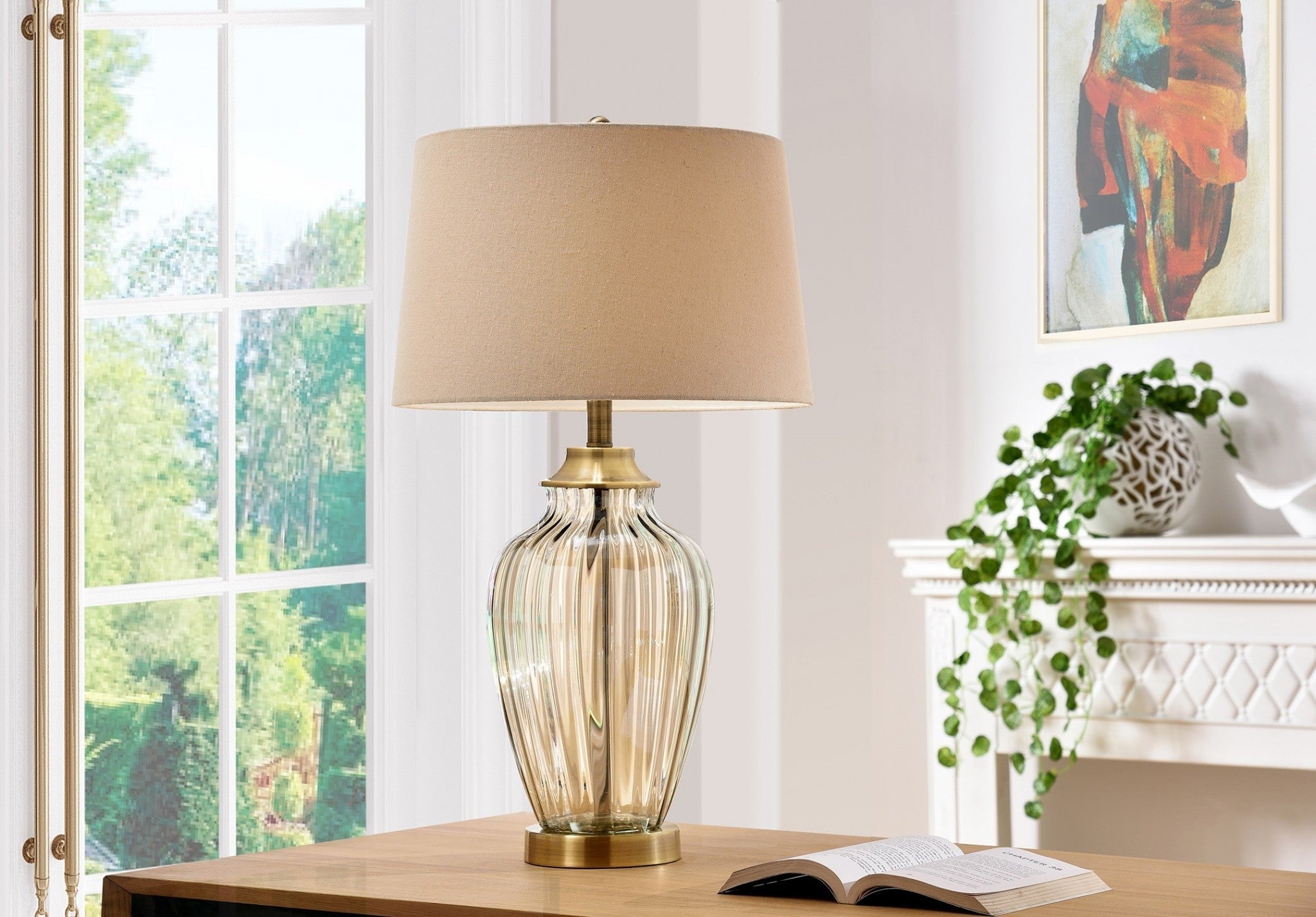 29" Bronze Metal Bedside Table Lamp With Tan Shade - Tuesday Morning-Table Lamps