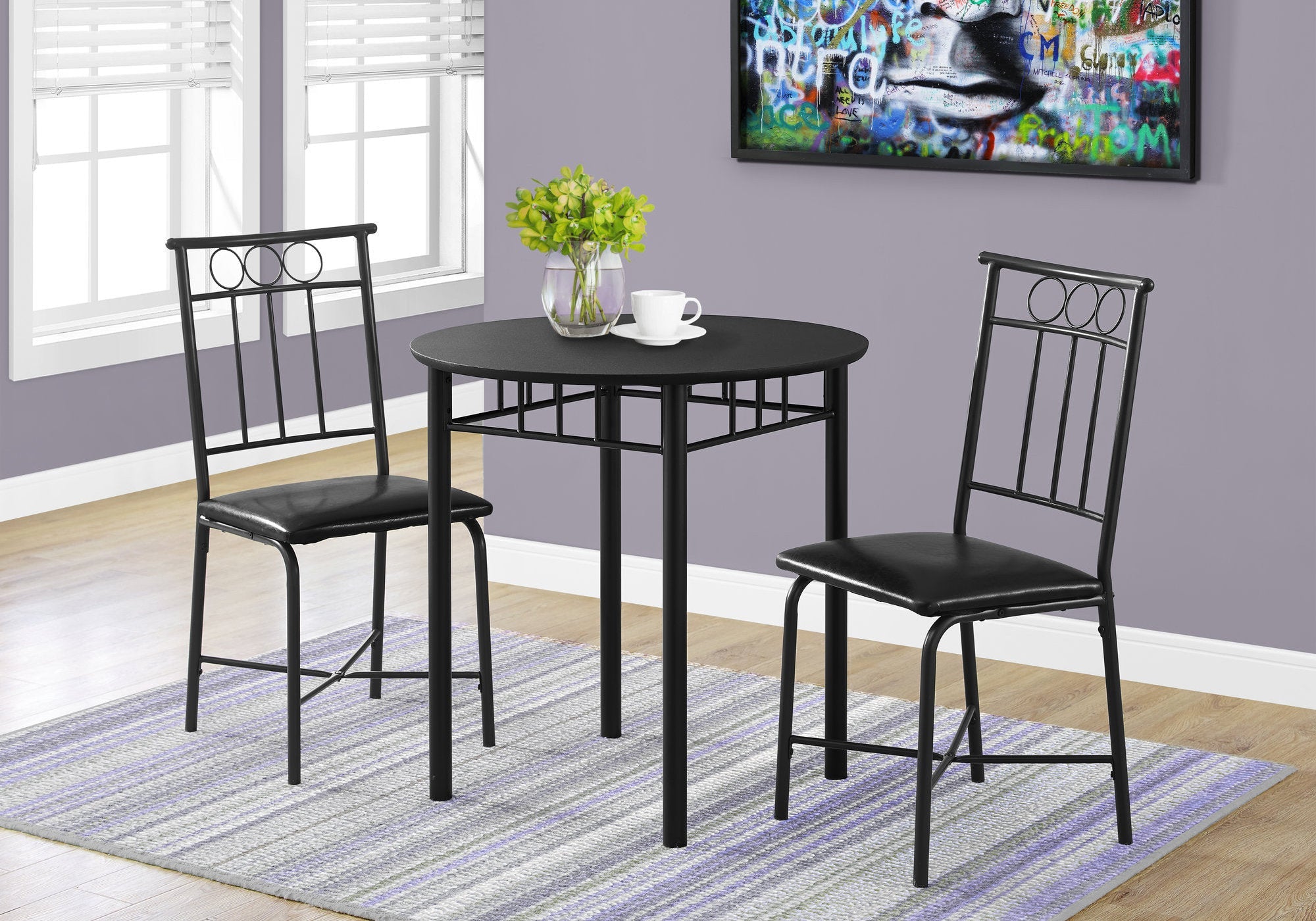 35" Black Leather Look Foam And Metal Three Pieces Dining Set - Tuesday Morning-Dining Sets
