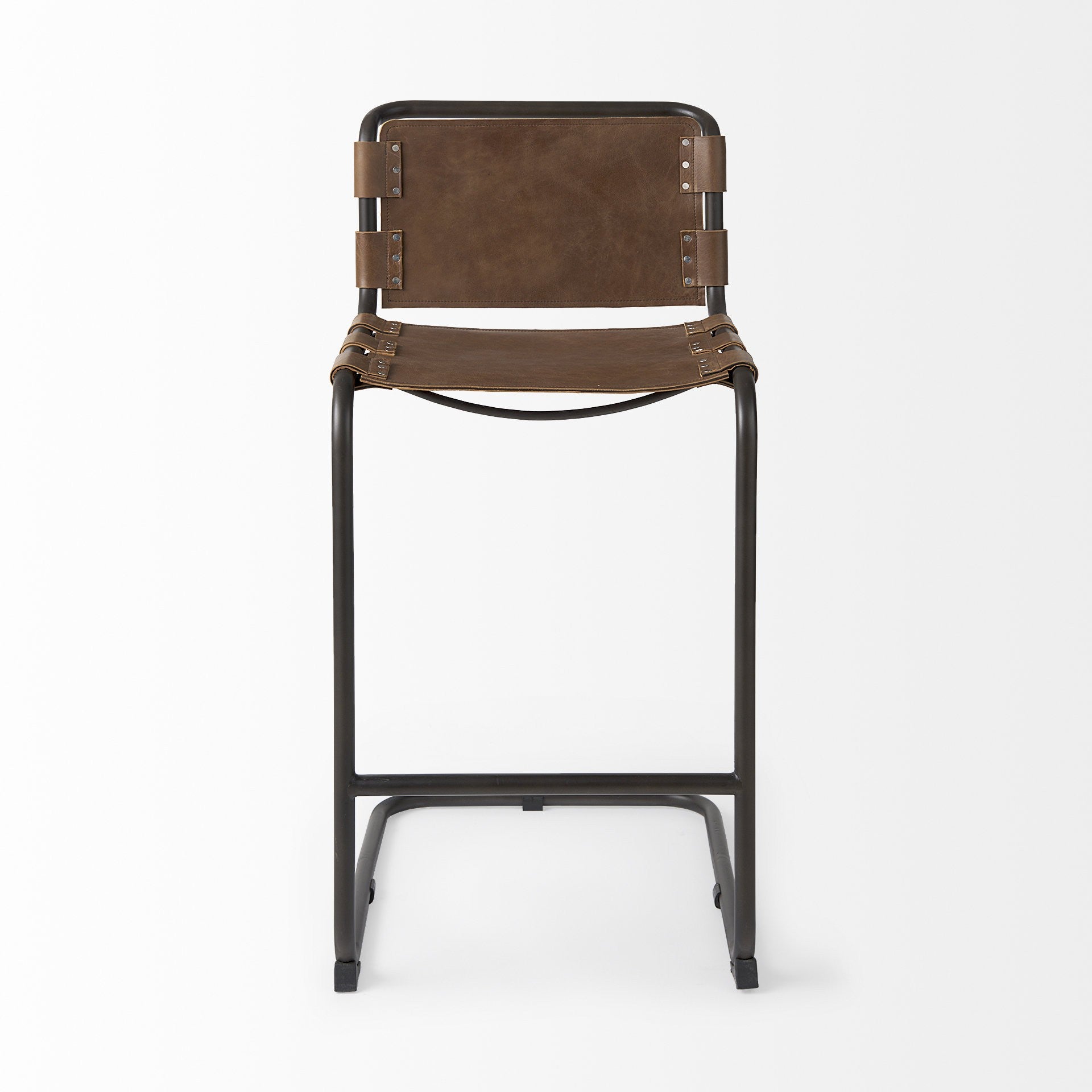35" Brown Leather And Steel Bar Chair - Tuesday Morning-Bar Chairs