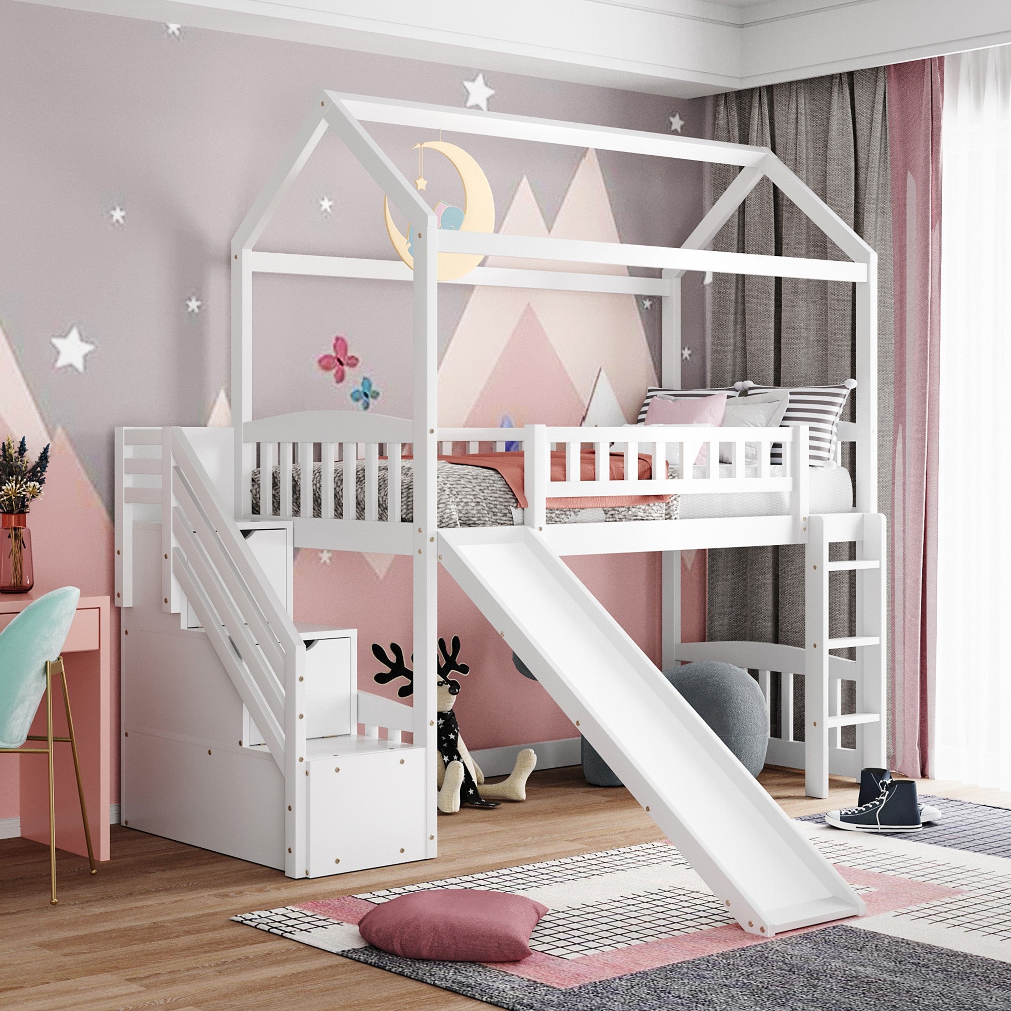 White-Twin-Size-Playhouse-Loft-Bed-With-Drawers-and-Slide-Beds-&-Bed-Frames