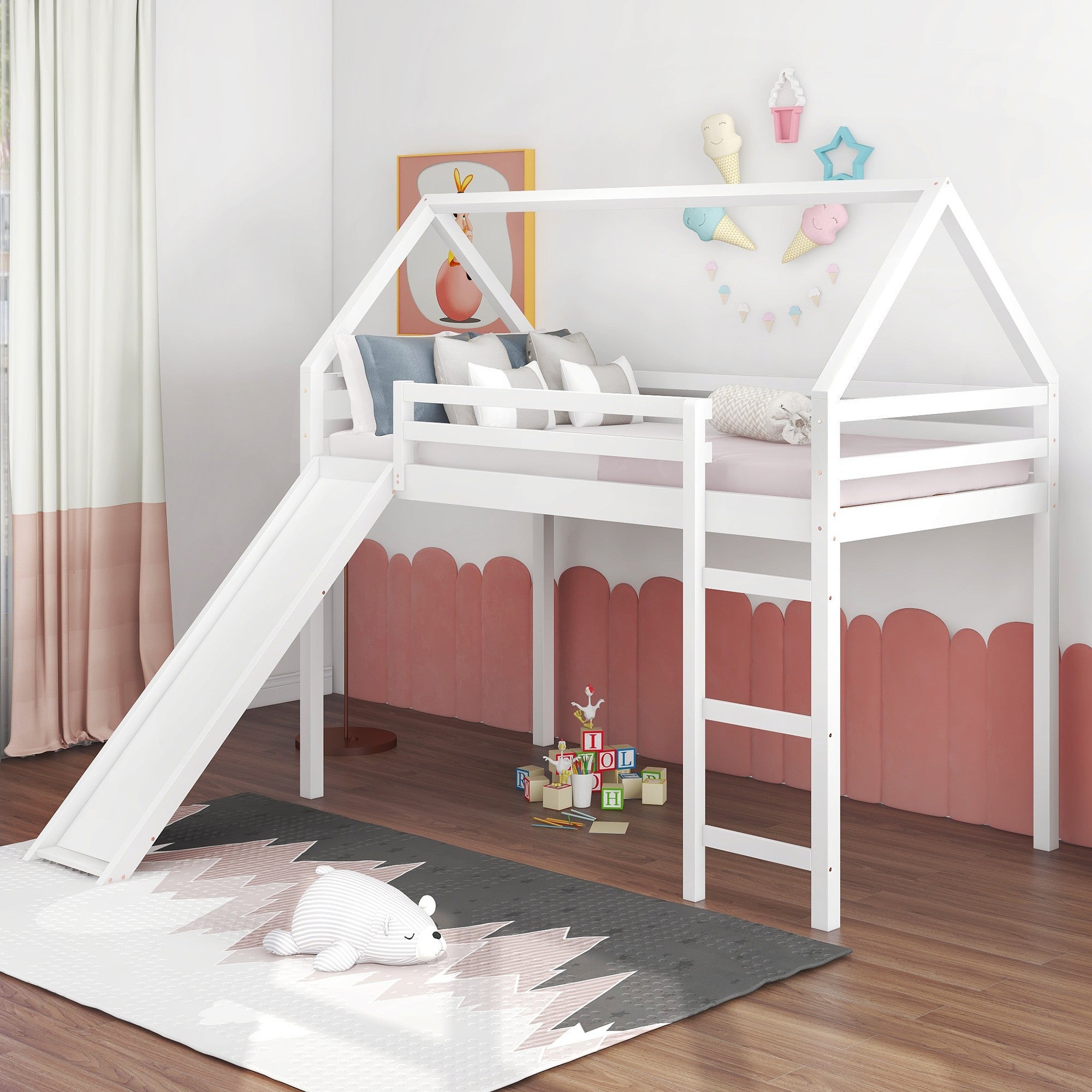 White-Twin-Size-Slide-House-Loft-Bed-Beds-&-Bed-Frames