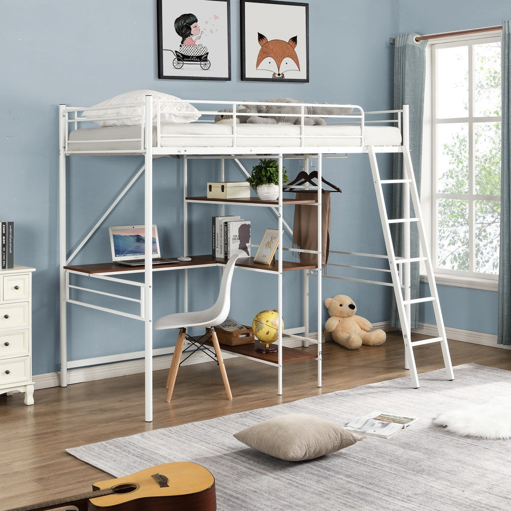 White-Twin-Size-Metal-Loft-Bed-With-Desk-and-Shelves-Beds-&-Bed-Frames