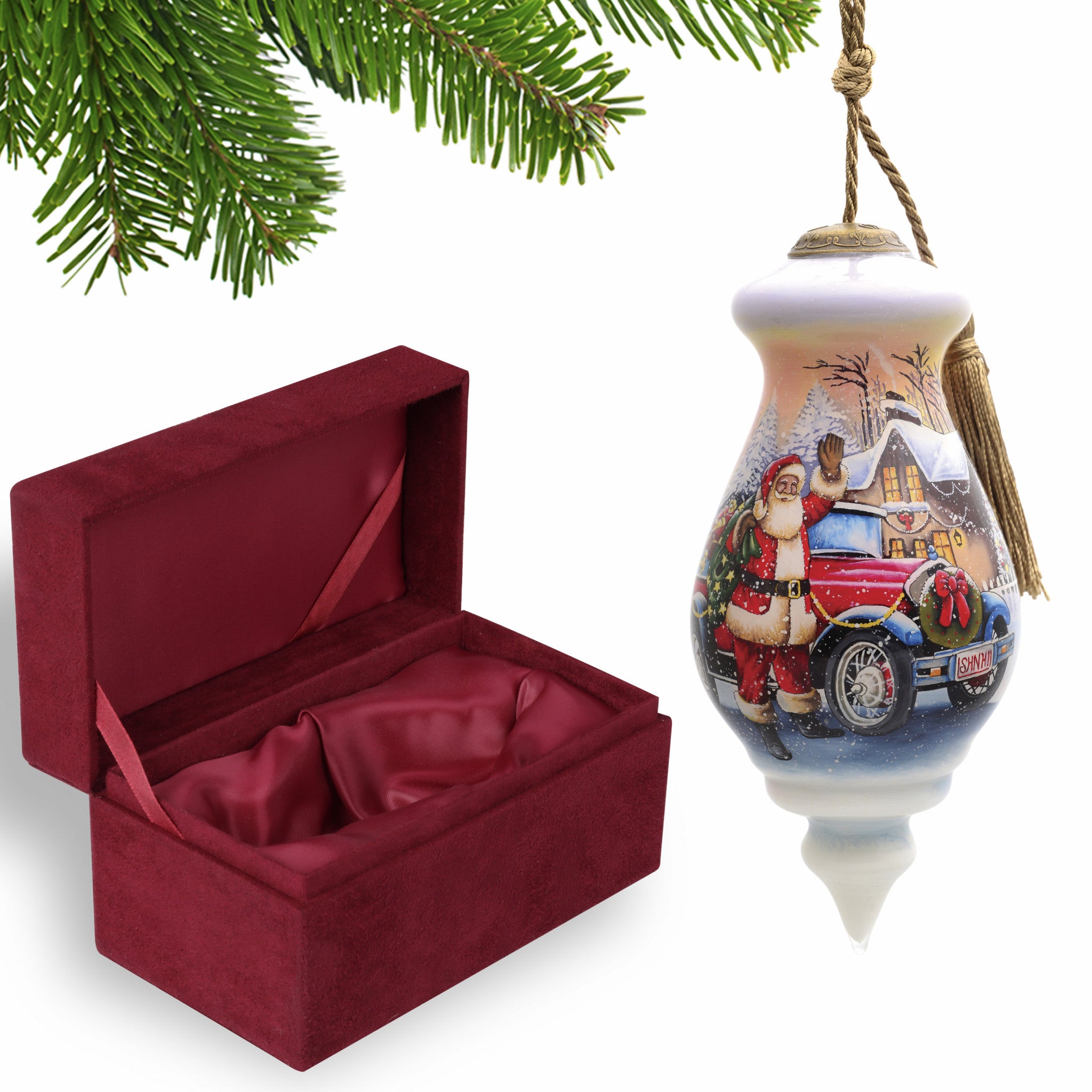 Vintage-Car-and-Santa-Waving-Hand-Painted-Mouth-Blown-Glass-Ornament-Christmas-Ornaments