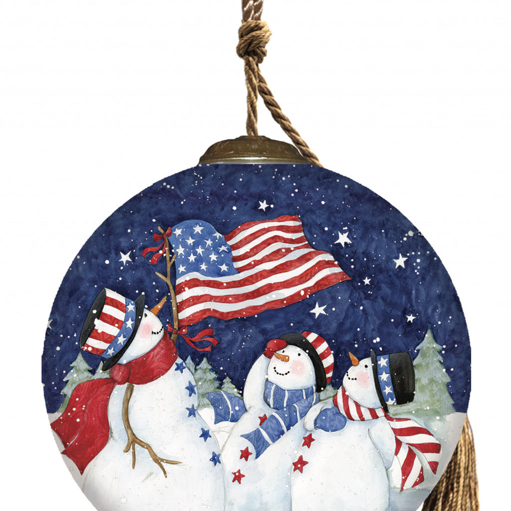 Three-Snowman-and-an-American-Flag-Hand-Painted-Mouth-Blown-Glass-Ornament-Christmas-Ornaments