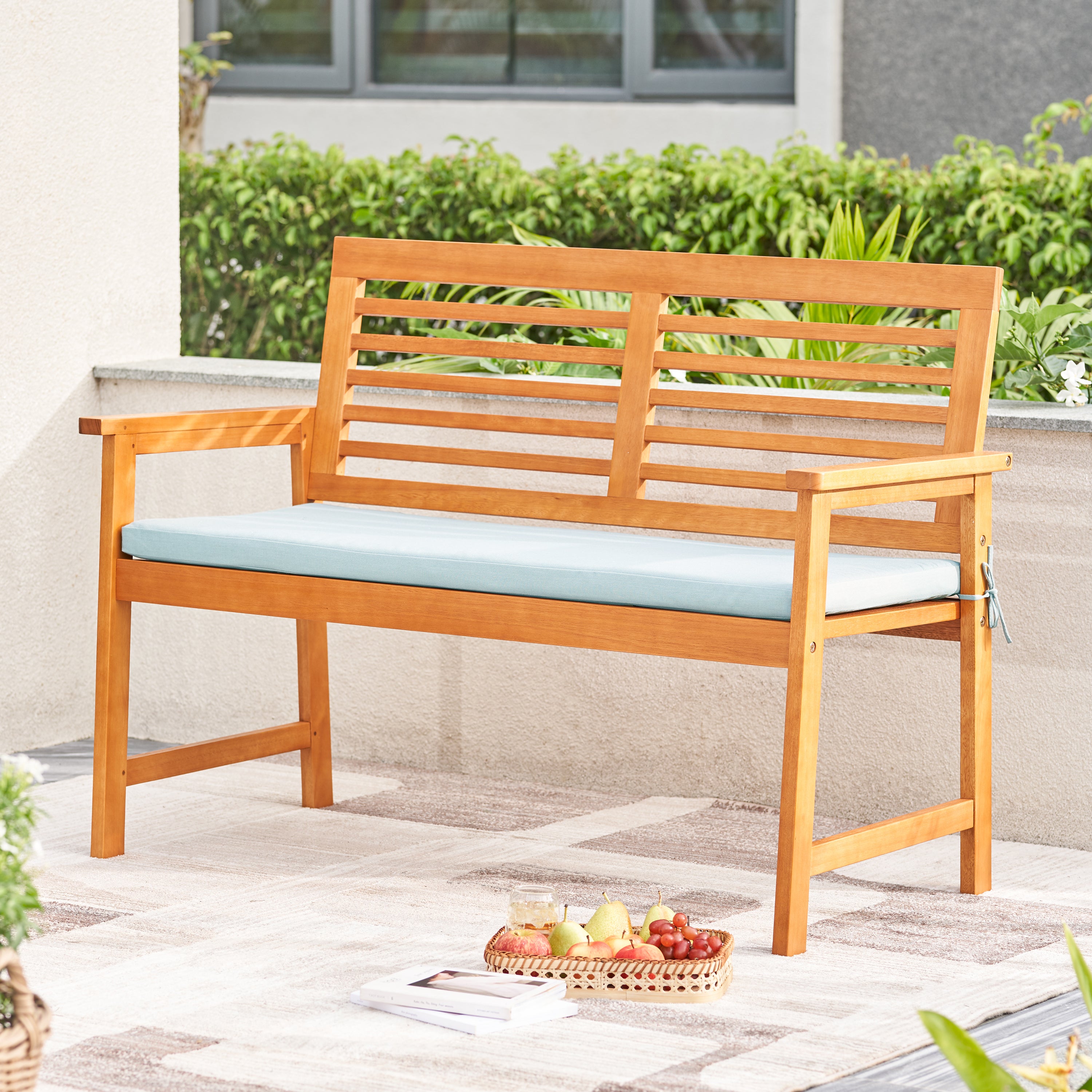 Waimea-Honey-Slatted-Eucalyptus-Wood-Garden-Bench-with-Cushion-Furniture-|-Outdoor-Furniture-|-Outdoor-Seating-|-Outdoor-Chairs