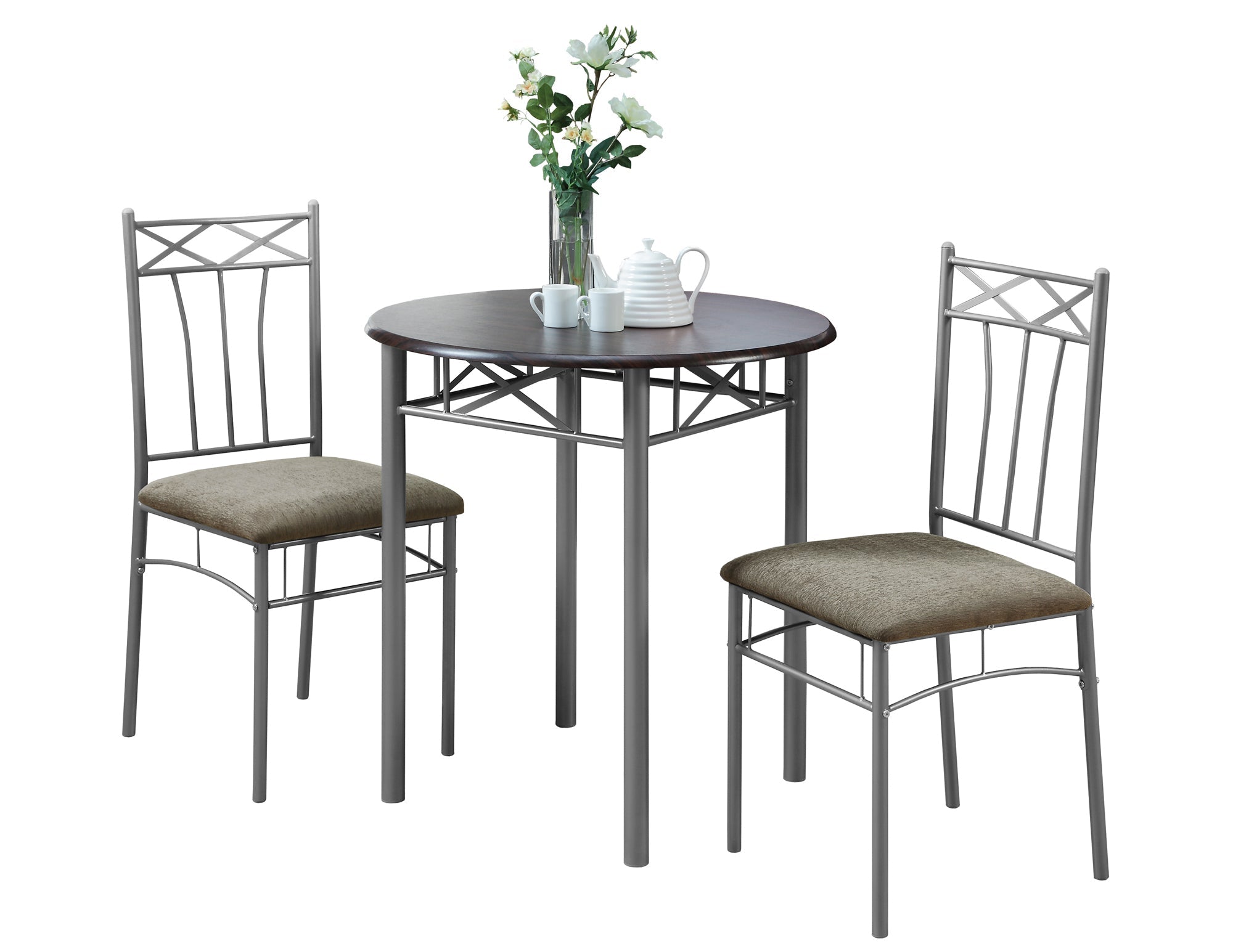 64" X 64" X 102" Cappuccinowithsilver Metal 3Pcs Dining Set - Tuesday Morning-Dining Sets