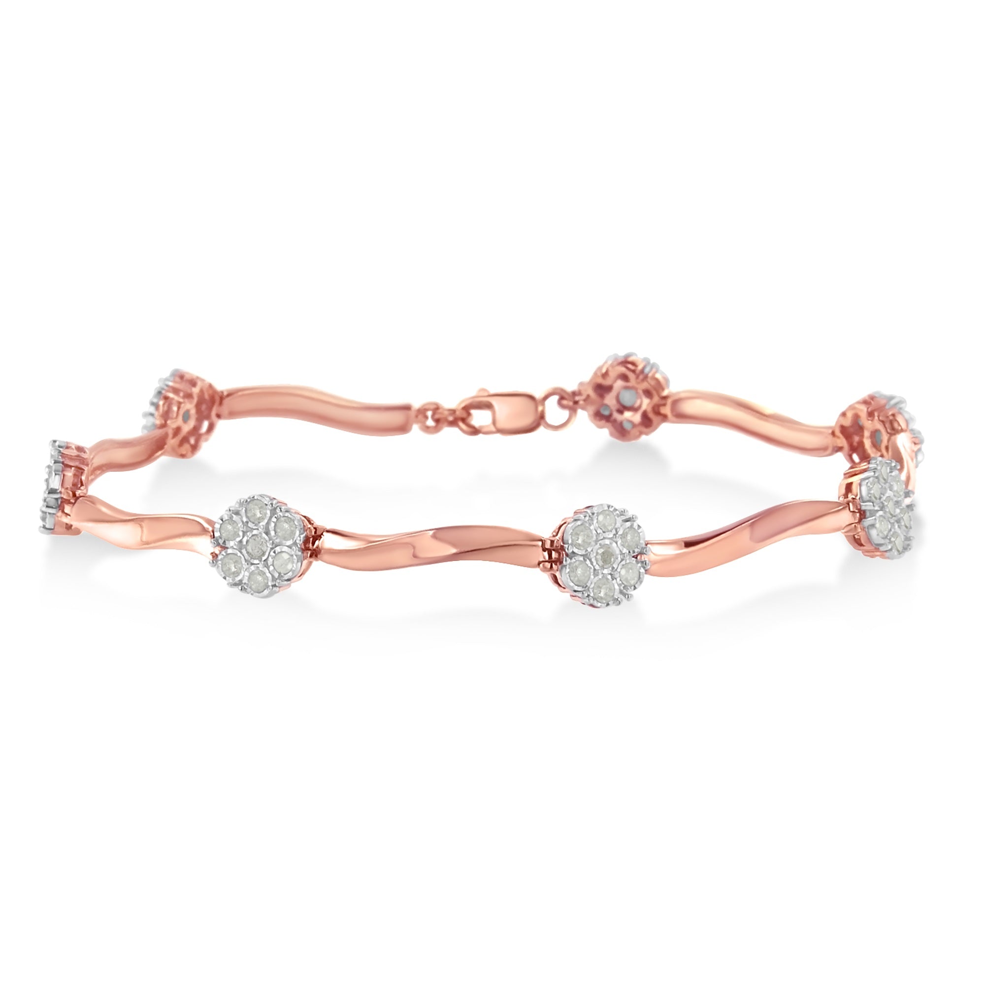 .925-10K-Rose-Gold-Over-Sterling-Silver-1.0-Cttw-Diamond-Floral-Link-Bracelet-(I-J-Color,I3-Clarity)-Bracelets