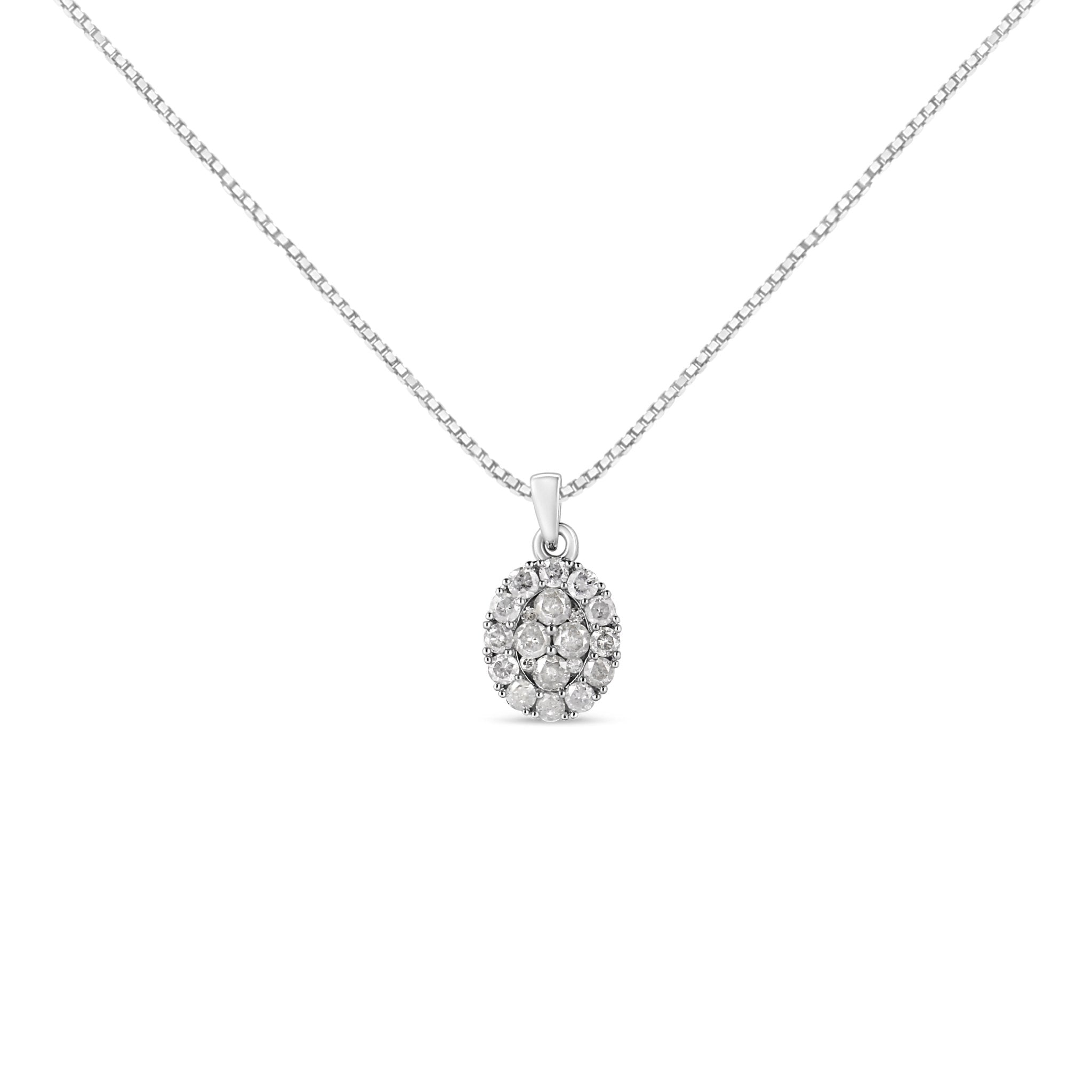 .925 Sterling Silver 1 1/2 Cttw Diamond Oval Cluster Pendant Necklace (I-J Color, I2-I3 Clarity) - 18