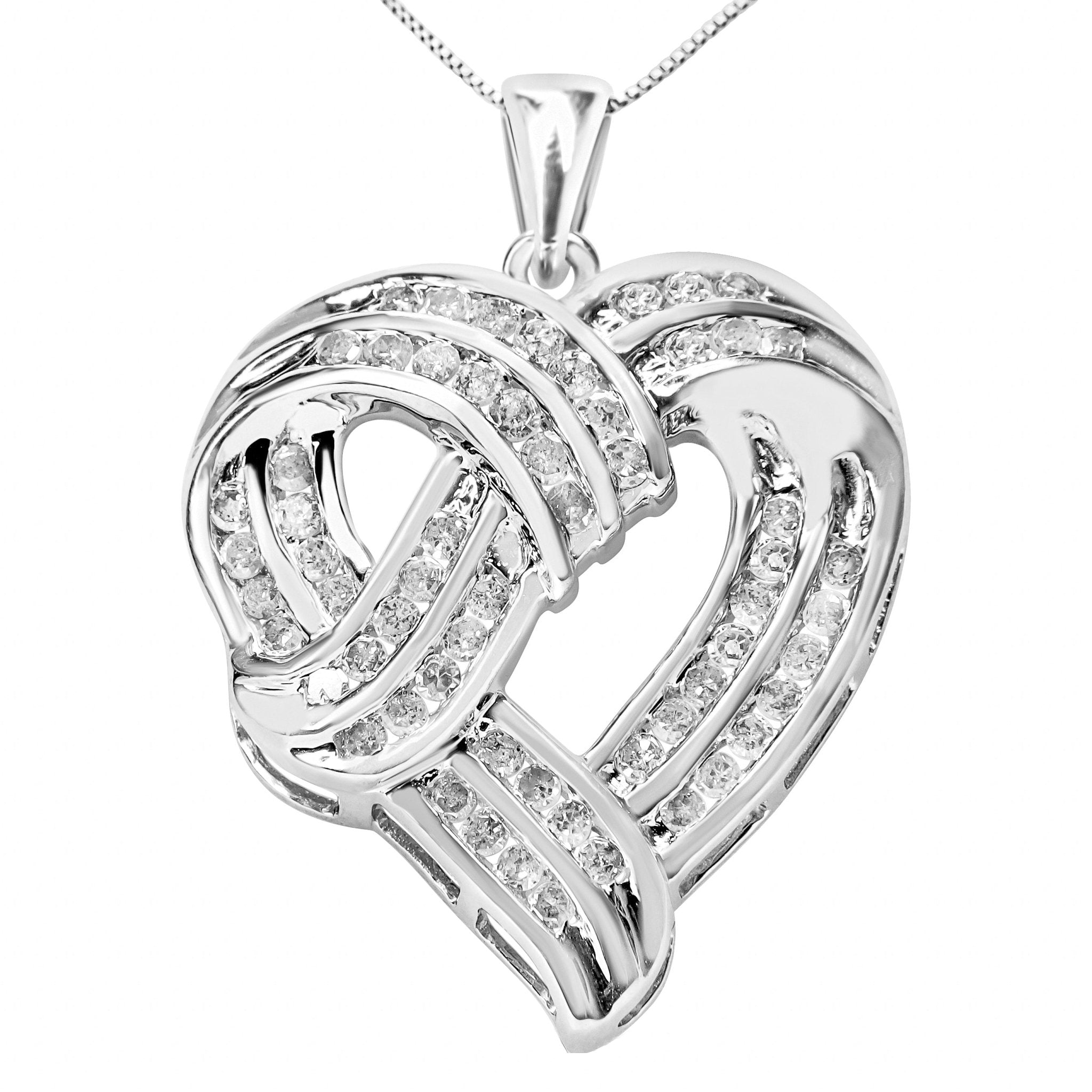 .925 Sterling Silver 1 1/4 Cttw Round Diamond Openwork Ribbon Weave Heart Pendant 18