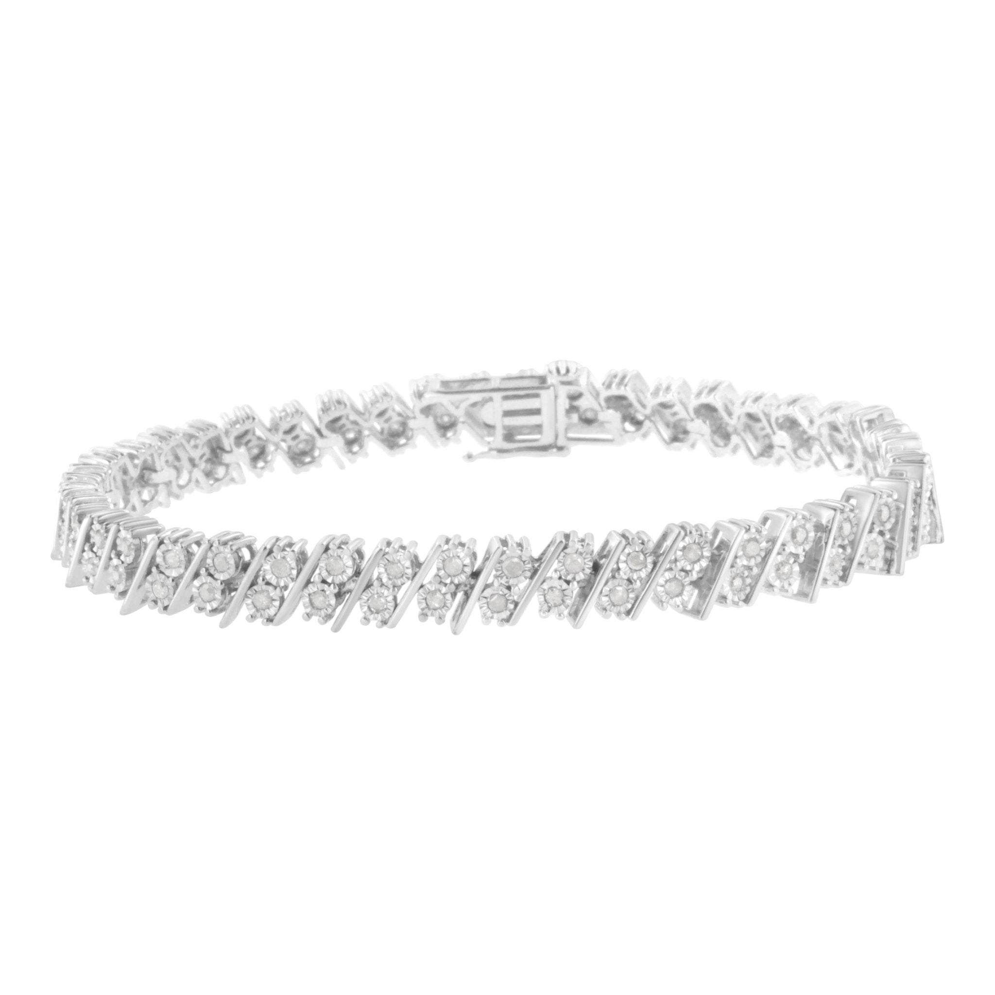 .925 Sterling Silver 1 Cttw Double Row Miracle Set Diamond Link Bracelet (I-J Clarity, I3 Color) - Size 7.25" - Tuesday Morning-Bracelets
