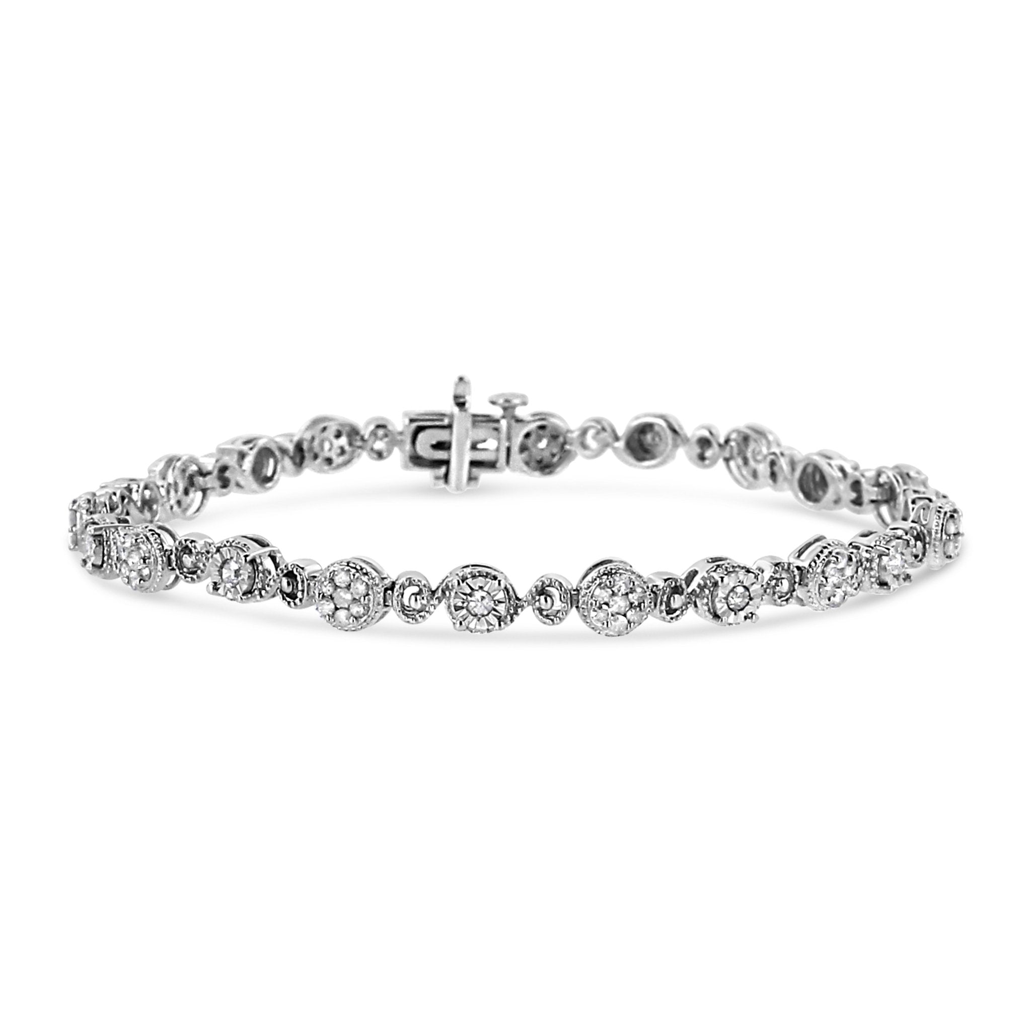 .925 Sterling Silver 1.0 Cttw Diamond Swirl Beaded Link Bracelet (I-J Color, I3-Promo Clarity) - 7.25