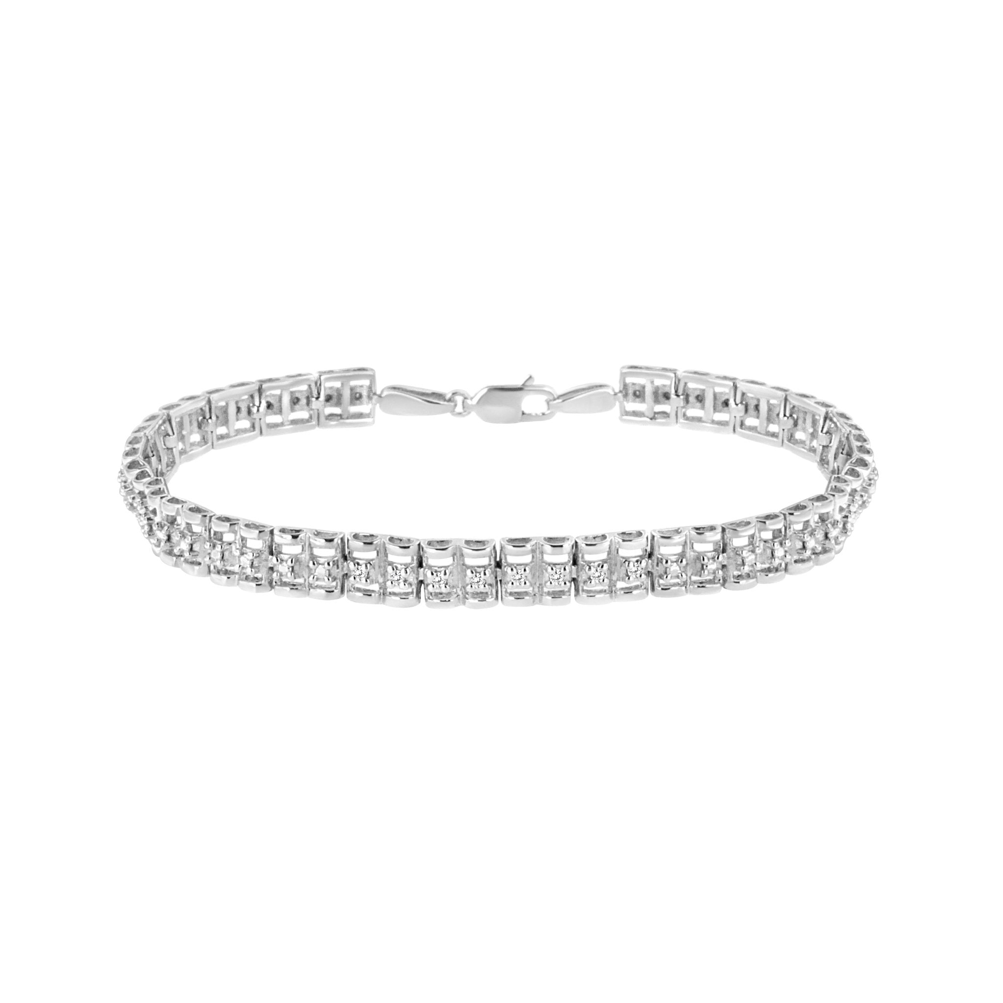 .925 Sterling Silver 1/10 Cttw Diamond Double-Link 7" Rolex Tennis Bracelet (I-J Color, I3 Clarity) - Tuesday Morning-Tennis Bracelets