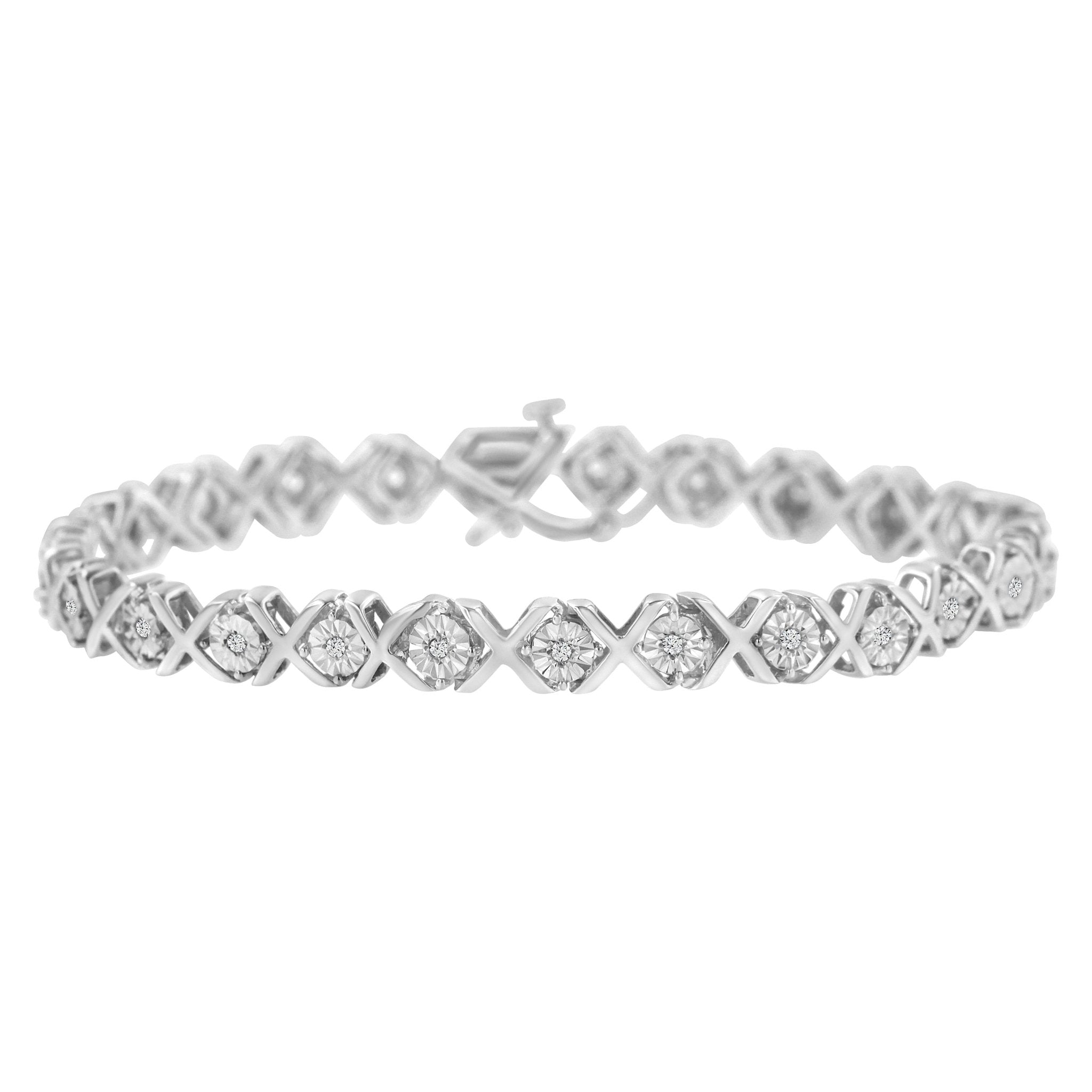 .925 Sterling Silver 1/4 Cttw Miracle-Set Round Cut Diamond "X" Link Bracelet (I-J Color, I3 Clarity) - Size 7.25" - Tuesday Morning-Bracelets