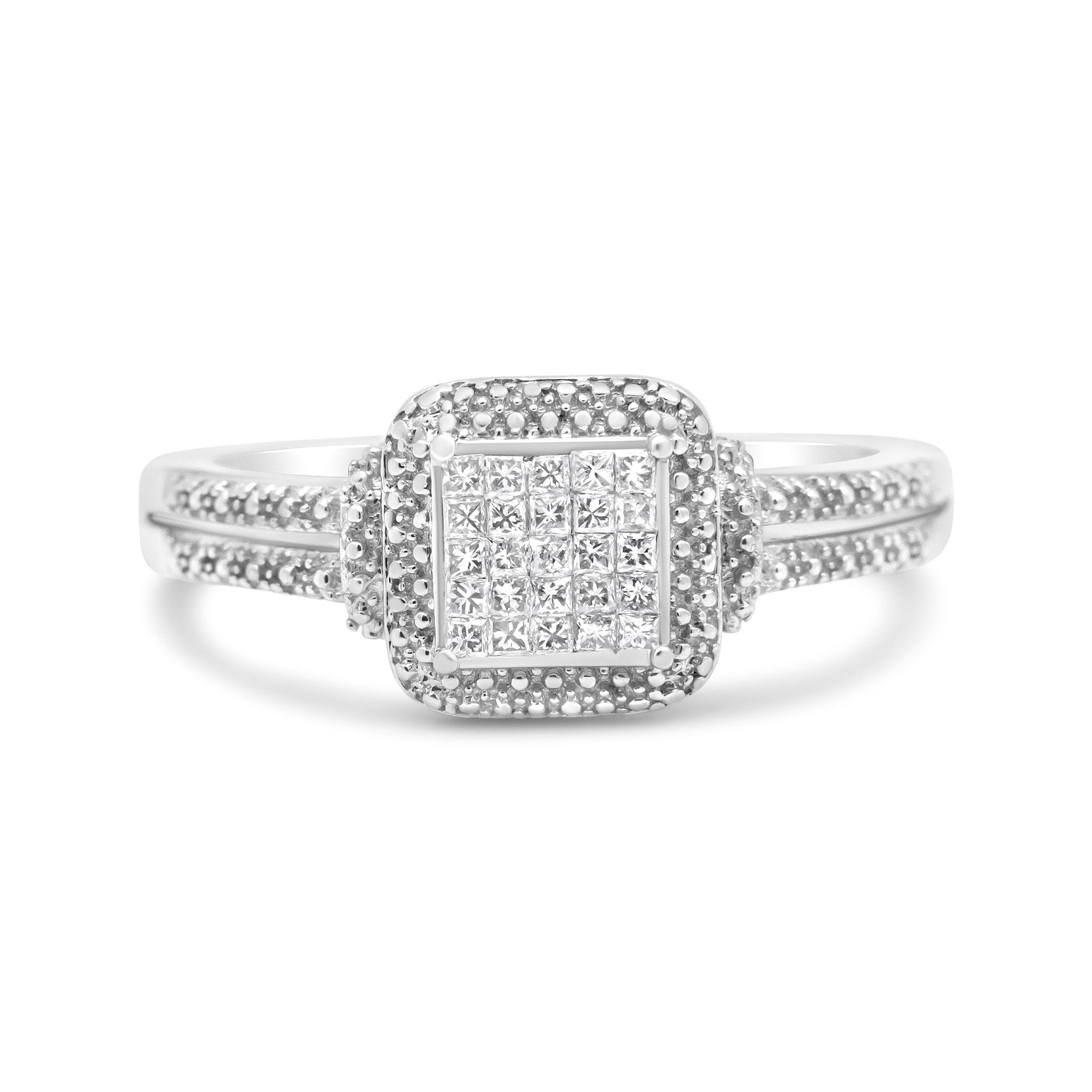 .925-Sterling-Silver-1/4-Cttw-Princess-Cut-Diamond-Composite-Ring-With-Beaded-Halo-(H-I-Color,-Si1-Si2-Clarity)-Size-9-Rings