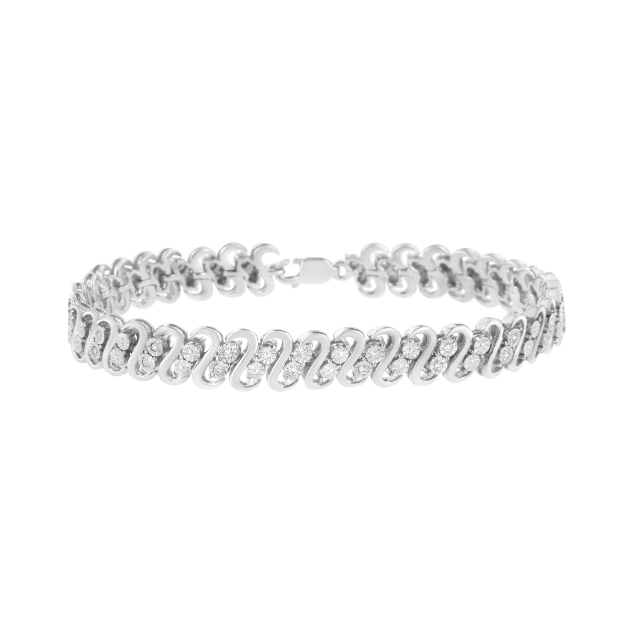 .925 Sterling Silver 1/4 Cttw Round-Cut Diamond Double Row Wrapped S-Link Bracelet (I-J Color, I2-I3 Clarity) - Size 7.25