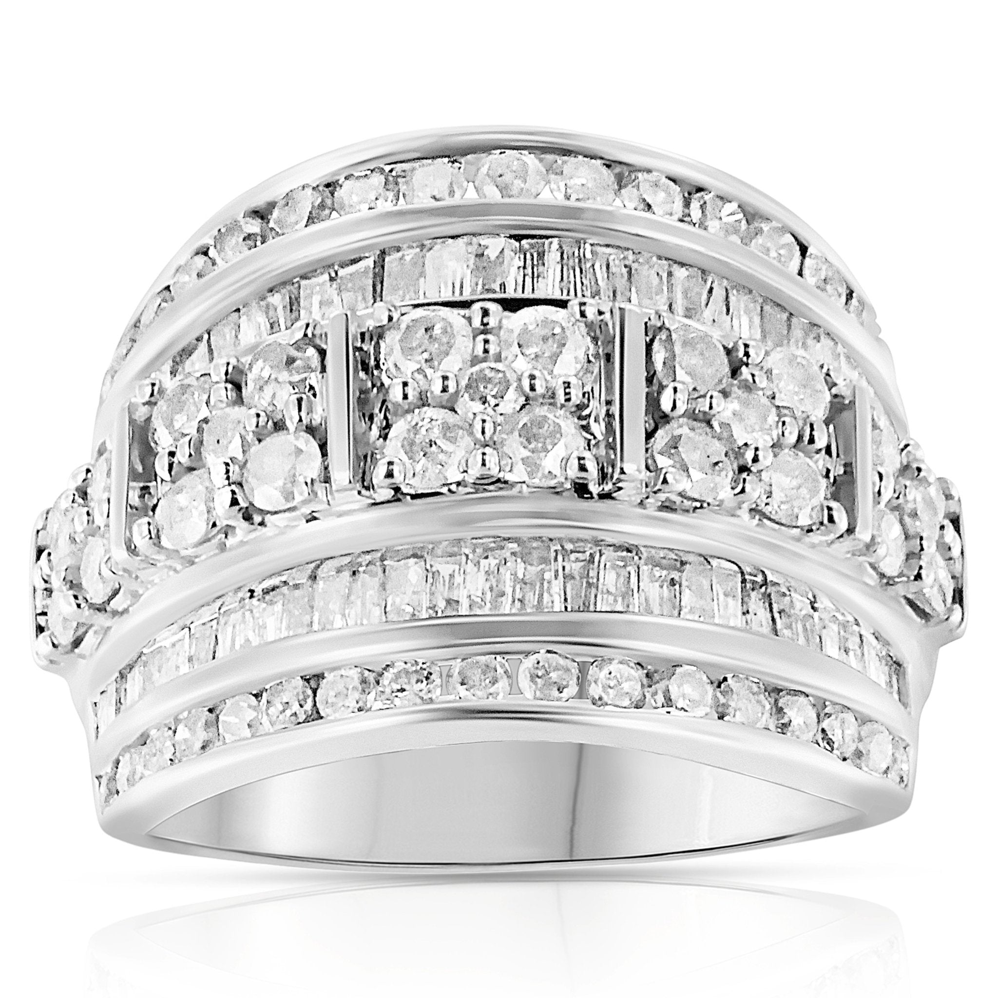 .925-Sterling-Silver-2.0-Cttw-Round-&-Baguette-Cut-Diamond-Multi-Row-Channel-Set-Tapered-Cocktail-Fashion-Ring-(I-J-Color,-I3-Clarity)-Size-6-Rings