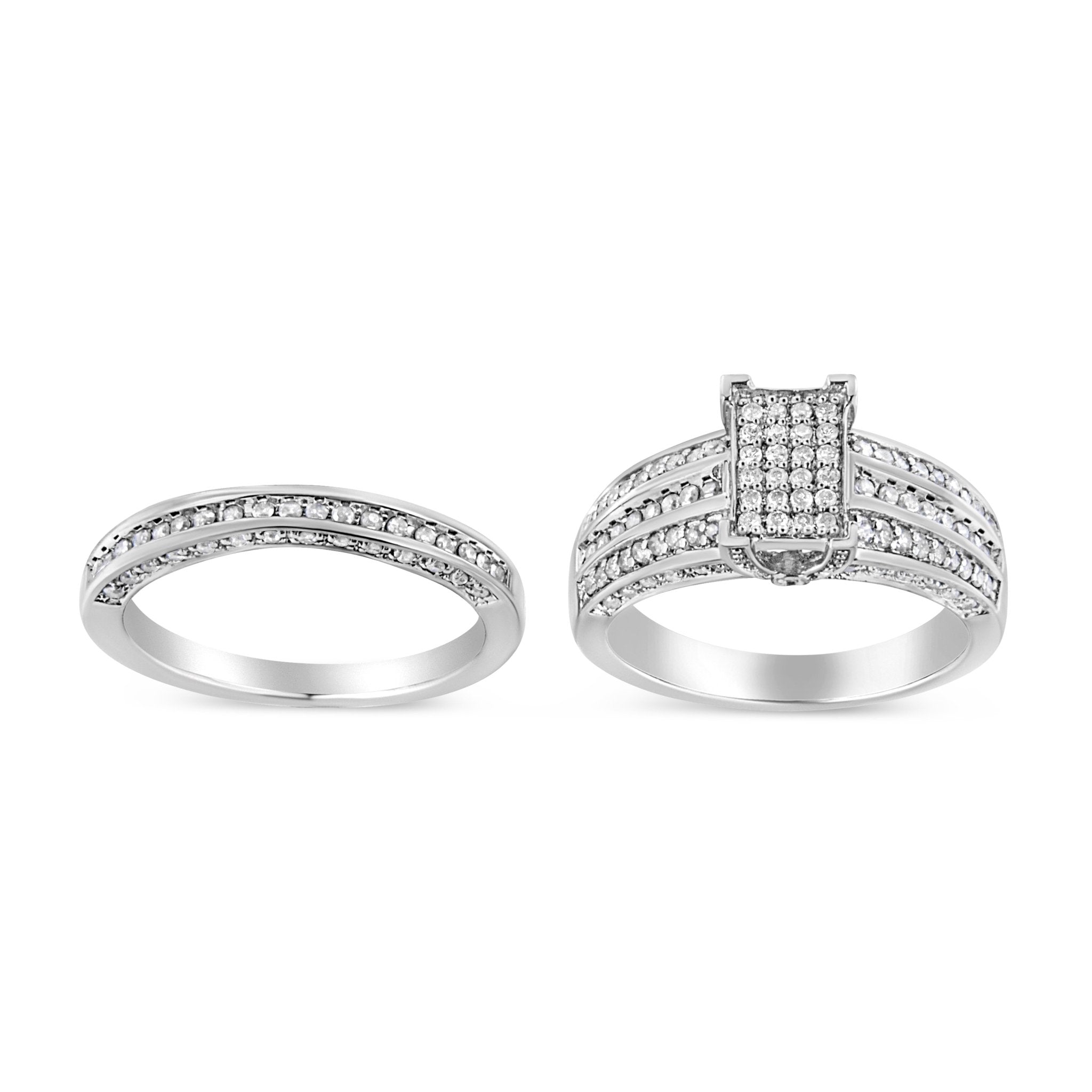 .925-Sterling-Silver-3/4-Cttw-Prong-Set-Round-Diamond-Composite-Engagement-Ring-And-Band-Set-(I-J-Color,-I3-Clarity)-Size-8-Rings